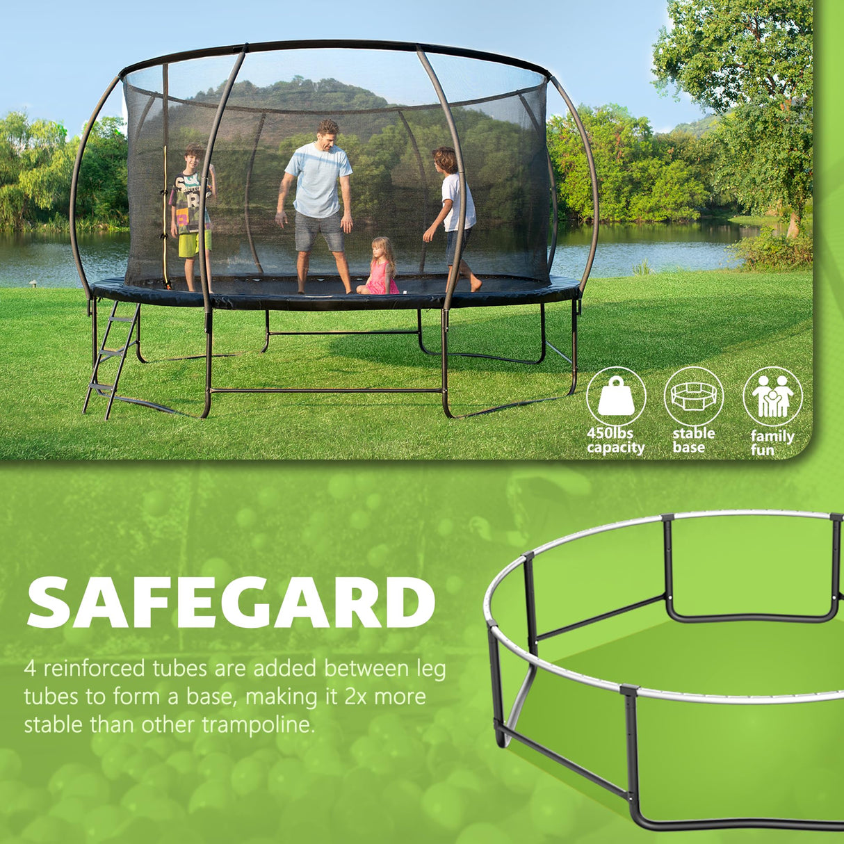 16FT Trampoline with Safety Enclosure, Anti-Rust Coating – ASTM Certified, Heavy-Duty Outdoor Trampoline with Ladder – for Kids & Adults, Black Calmmax