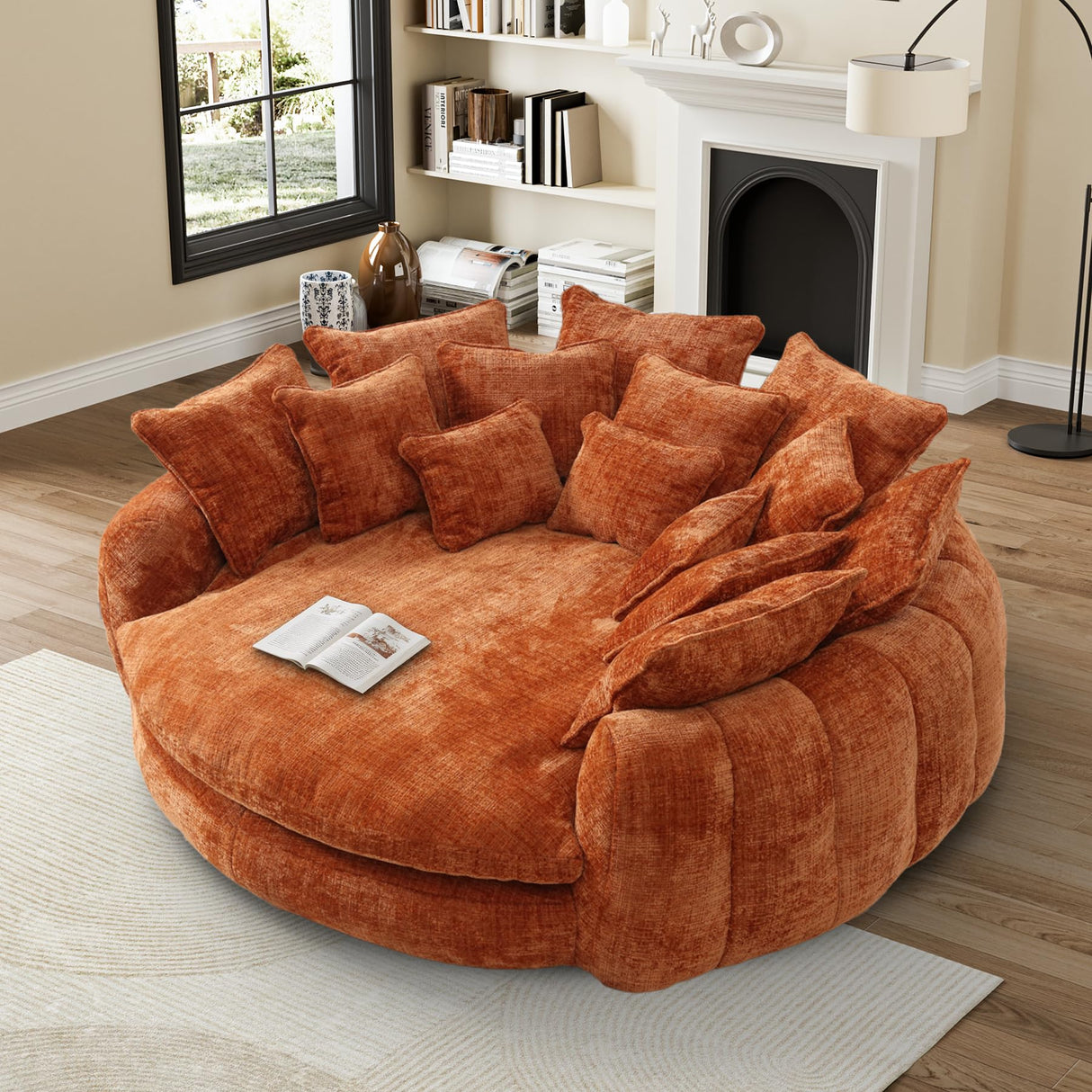 81” Oversized Upholstered Sofa Bed, Round Chaise Lounge Chair Indoor, Fluffy Plush Chaise Lounge, Modern Chenille Cloud Couch with Deep Seat, Comfy Bean Bag Chiar for Living Room Apartment, Orange BEQAI