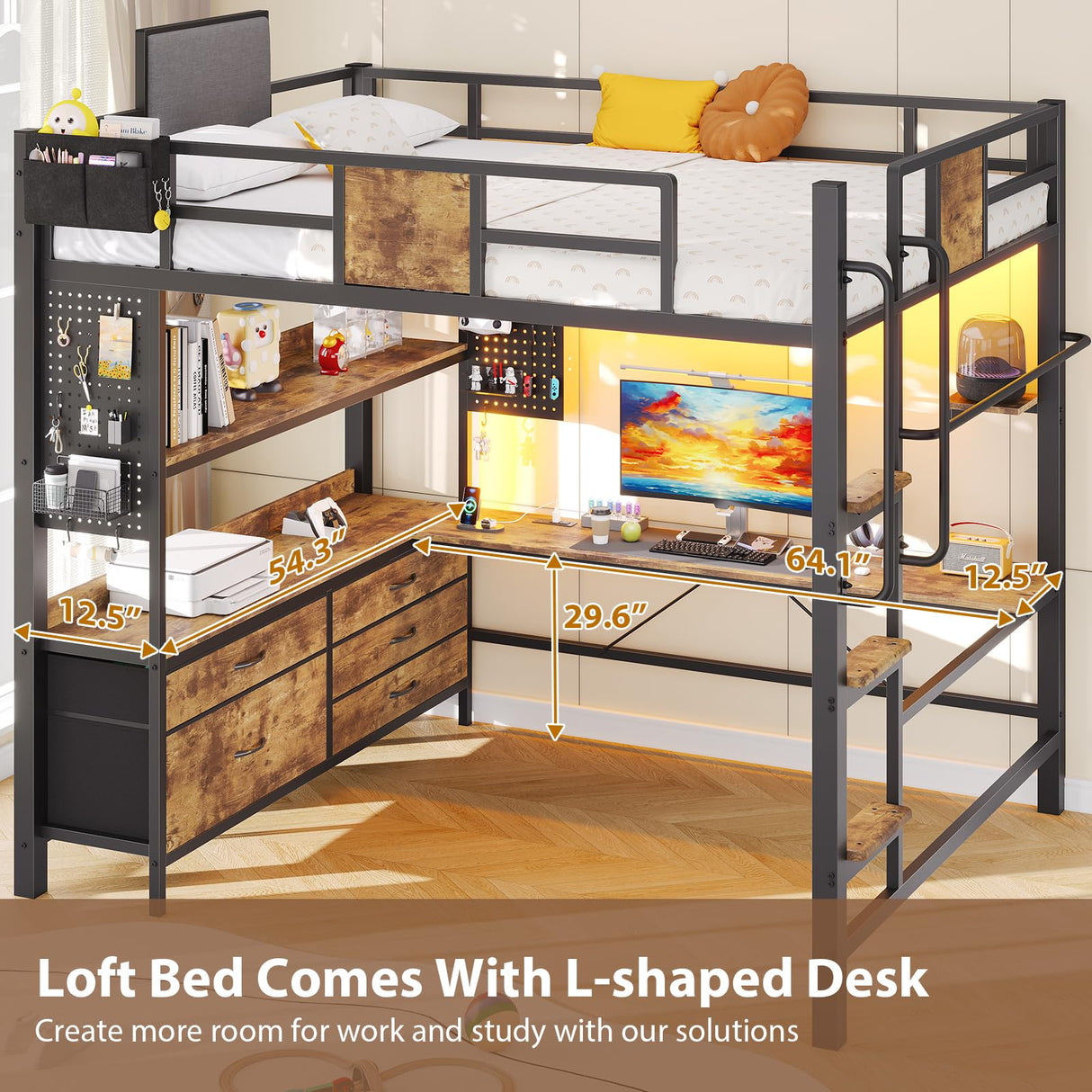 Dnxao Loft Bed with L-Shaped Desk Full Size,Full Size Bed Frame with 5 Storage Drawers, Bunk Bed with Desk,1 Bedside Organizer,LED Lights & Charging Station,Safety Guardrail,Noise Free,Rustic Brown Dnxao