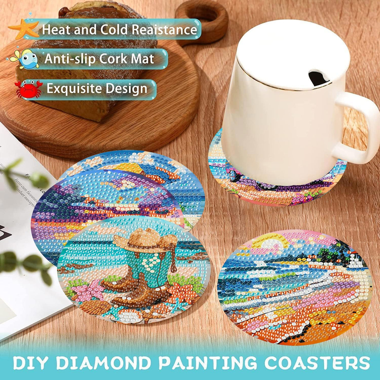 Ekuxom 8 pcs Beach Diamond Art Coasters Kits with Holder, DIY Ocean Diamond Painting Coasters, Non Slip Coaster Crafts Kits for Adults Beginners Gifts Ekuxom