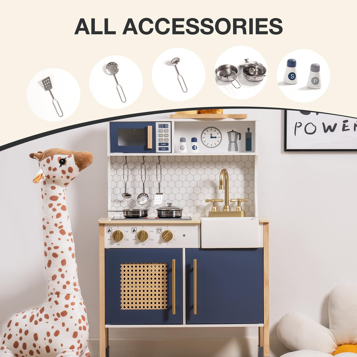 ROBOTIME Wooden Play Kitchen, Kids & Toddlers Kitchen Playset, Kids Play Kitchen Pretend Play Set with Lights & Sounds, Toy Kitchen for Ages 3+ (Blue) ROBOTIME