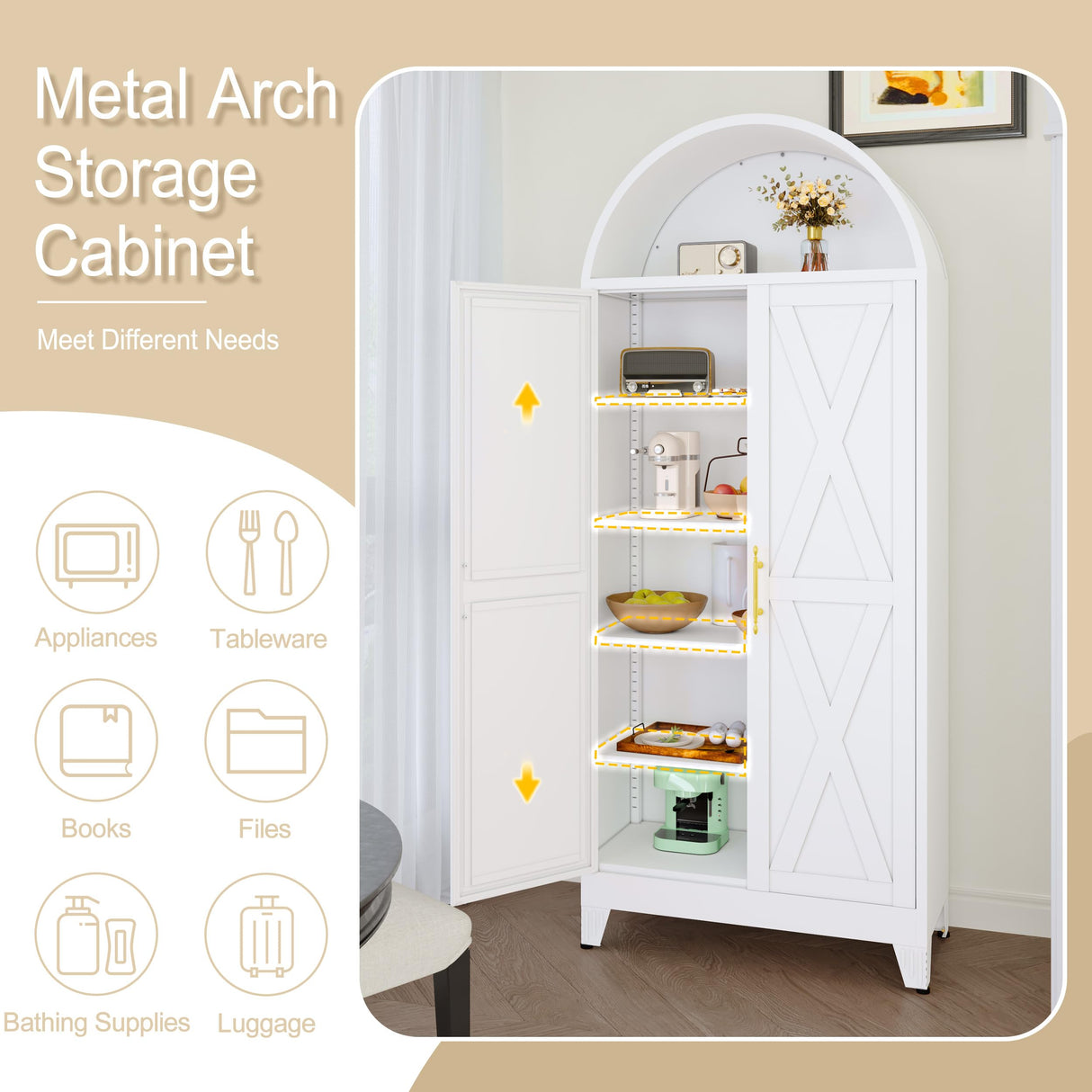 GAIOUS 73" Tall Metal Arched Kitchen Pantry Cabinet, Modern Farmhouse Storage Cabinets with 2 Doors & 4 Adjustable Shelves, 6-Tier Cupboard with Open Storage Area, Versatile Bookcase/Hutch-White GAIOUS