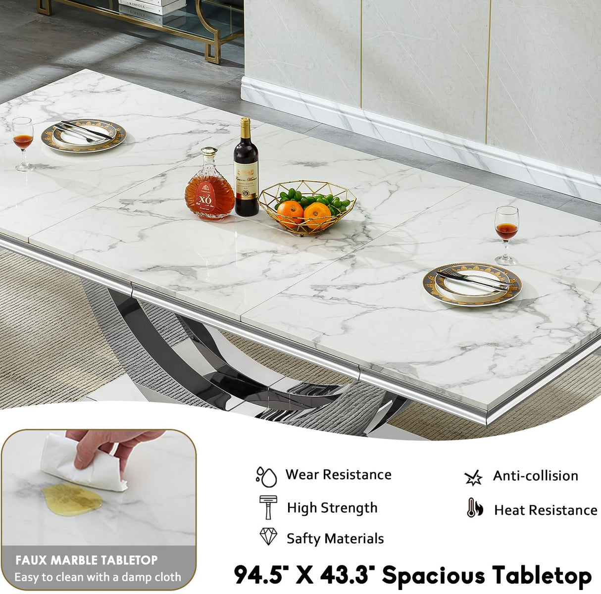 KUVADAZ 94" Modern White Silver Faux Marble Dining Room Table Set for 10, 11-Piece Rectangle Kitchen Dining Room Table Set with Dual U-Shaped Stainless Steel Legs and 10 Beige Velvet Dining Chairs KUVADAZ