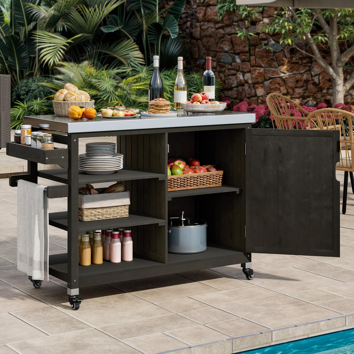 YITAHOME Solid Wood Patio Bar Table XL Outdoor Storage Cabinet Bar Table with Spice Rack and Lockable Wheels, Portable Outdoor Kitchen Island for Patio, Garden, Porch, Balcony, Brown YITAHOME