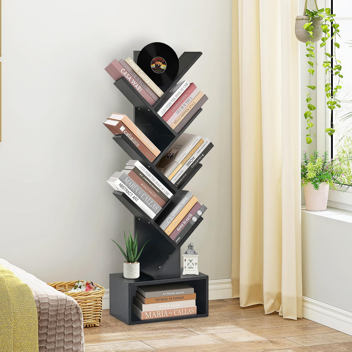 LUSHZLUMBERA 6 Tier Tree Bookshelf, Tall Narrow Wooden Bookcase with Drawer and Storage Cabinet, Freestanding Small Book Shelf Organizer for Bedroom, Living Room, Home Office, Black Display Shelf LUSHZLUMBERA