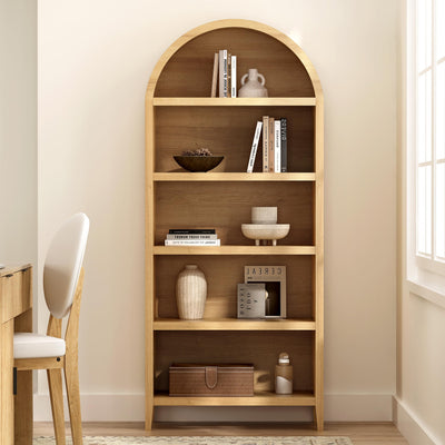 MoomJiee 71" Tall Arched Bookshelf, 5-Tier Farmhouse Large Open Display Cabinet, 71" Modern Wood Bookcase with Adjustable Shelves Organizer Rack Large Kitchen Pantry Storage Cabinet Natural Oak