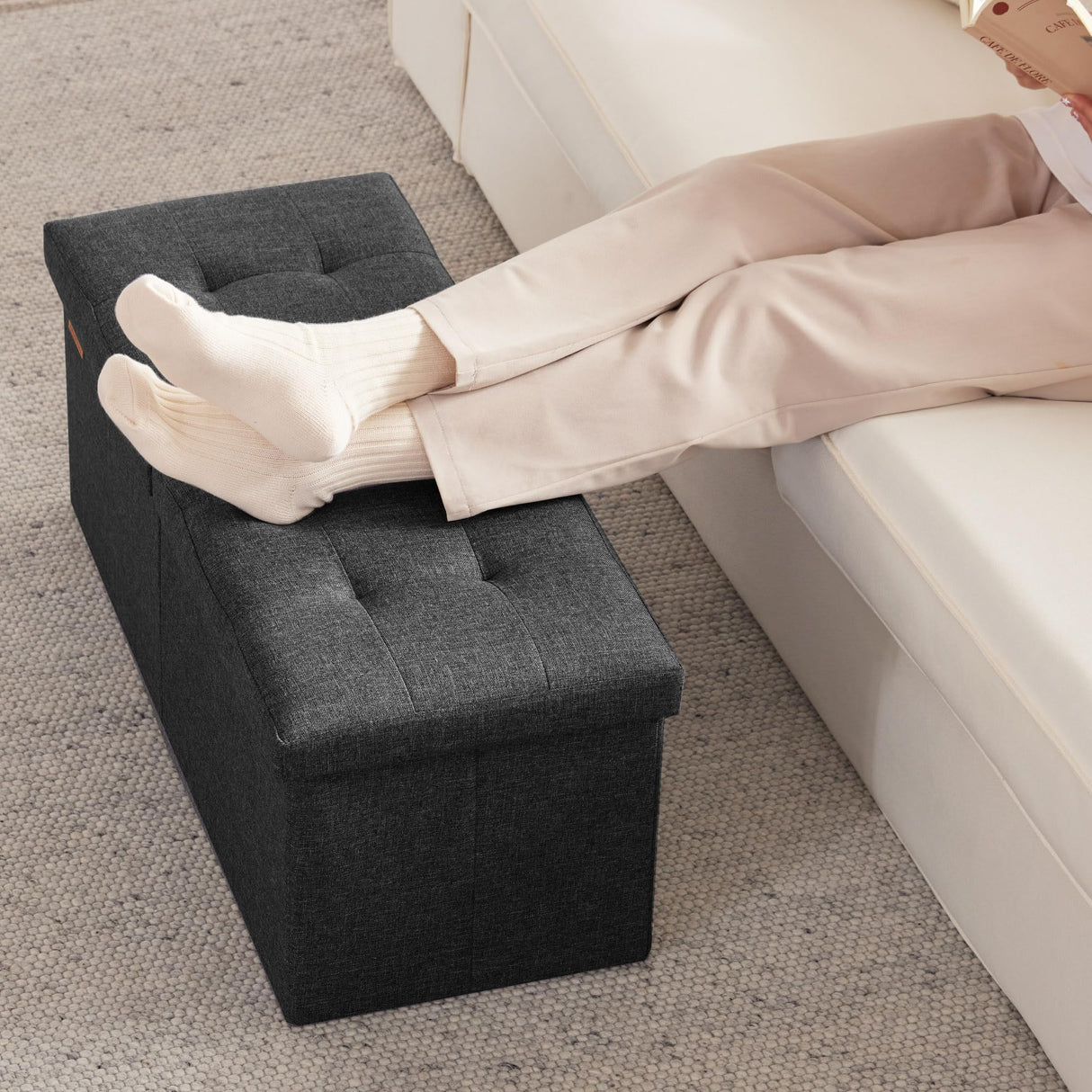 HAUSFRAU 31.5 Inches Ottoman with Storage, Folding Ottoman Bench Small Foot Rest Stool, Bedroom Bench with Flipping Lid, Linen Black HAUSFRAU