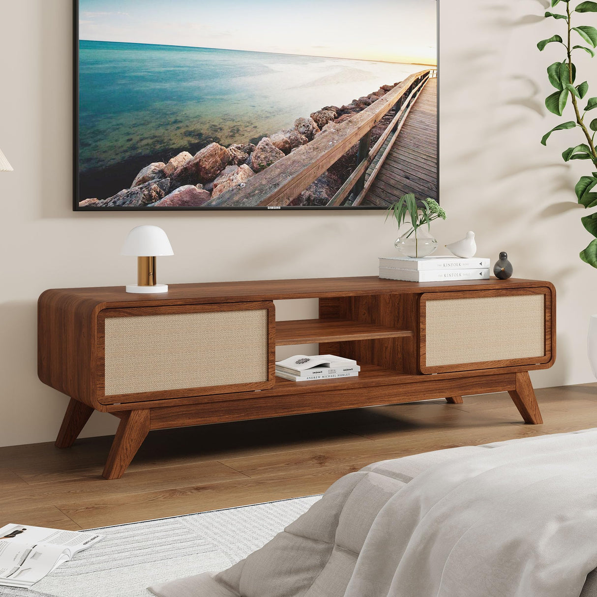 AVZEAR Mid Century Modern TV Stand for TVs up to 65'', Farmhouse Entertainment Center with Storage, TV Cabinet Table with Nature Linen Doors, Media Console TV Consoles for Living Room Bedroom (Walnut) AVZEAR