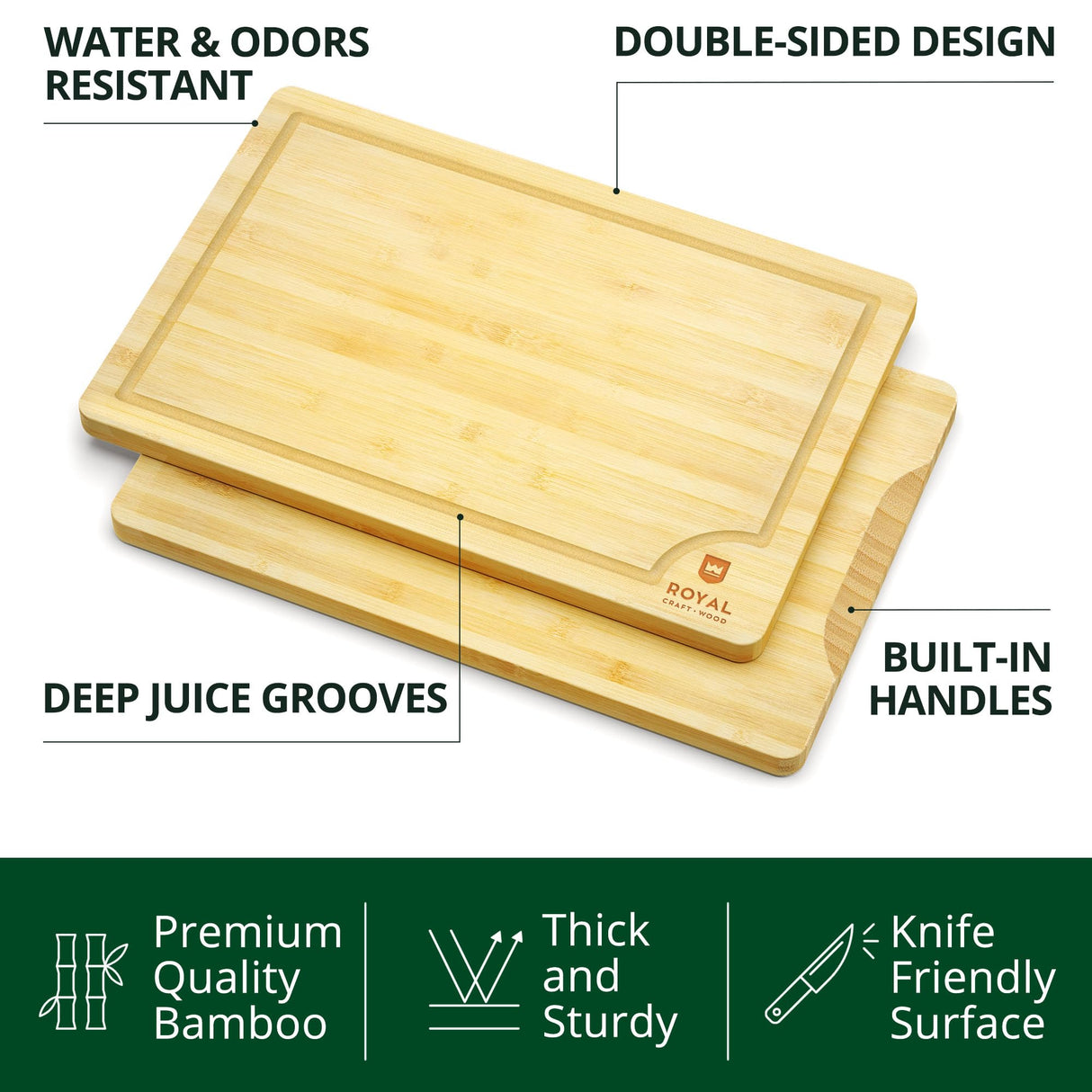 ROYAL CRAFT WOOD Wooden Serving Boards for Kitchen Meal & Cutting-Bamboo Cutting Board Set with Juice Groove Side Handles - Charcuterie & Chopping Butcher Block for Meat-Kitchen Gadgets Gift(2 Pcs) ROYAL CRAFT WOOD