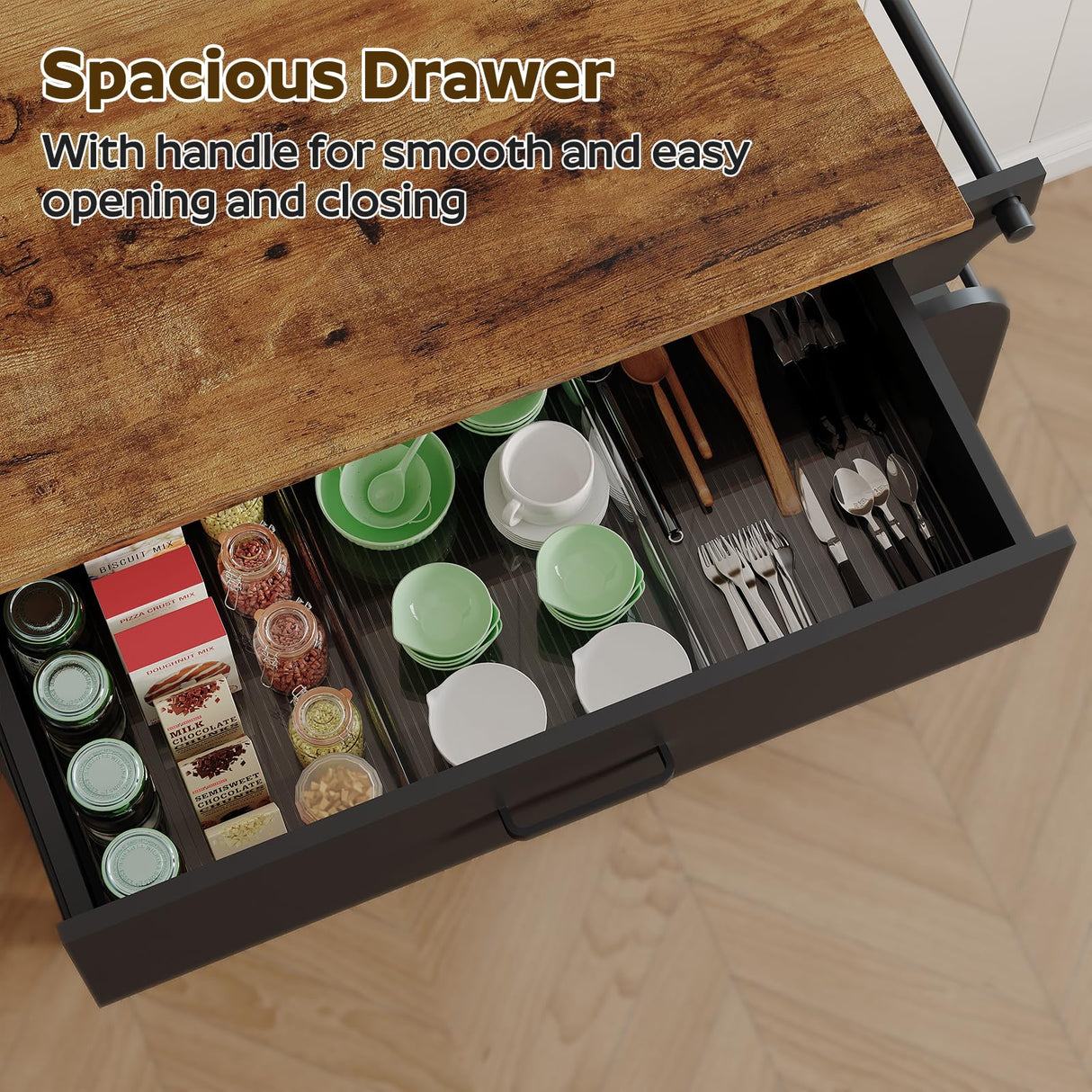 YATINEY Kitchen Island with Storage, Kitchen Storage Cabinets with Charging Station, Kitchen Island on Wheels, Rolling Island Table with Sliding Cabinet Door, Black and Rustic Brown ZD01UBR YATINEY