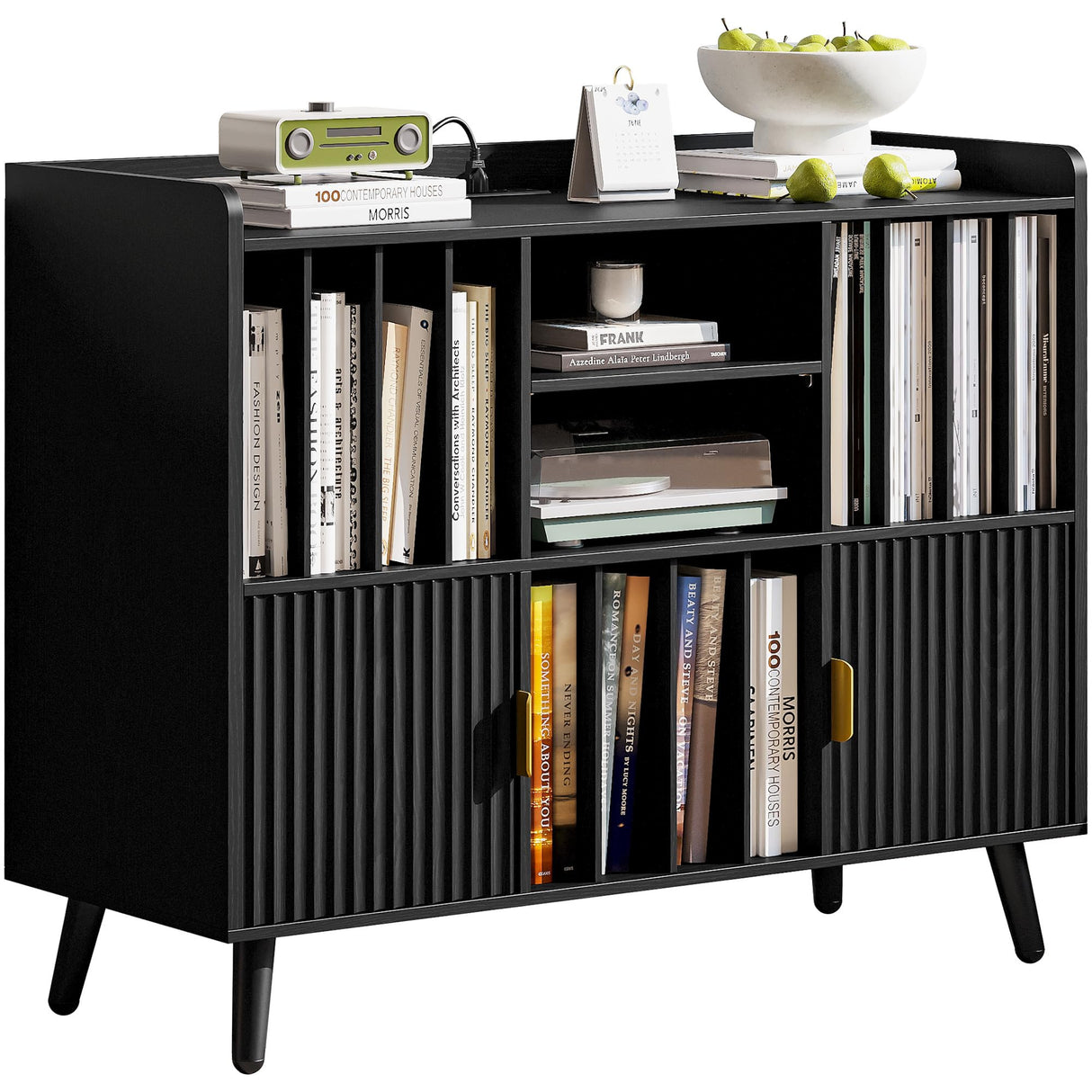 IRONCK Short Bookshelf with Cabinet, Short Bookcase with Doors, Low Bookcases with Charging Station, 2 Shelf Bookcase for Living Room, Office, Black IRONCK