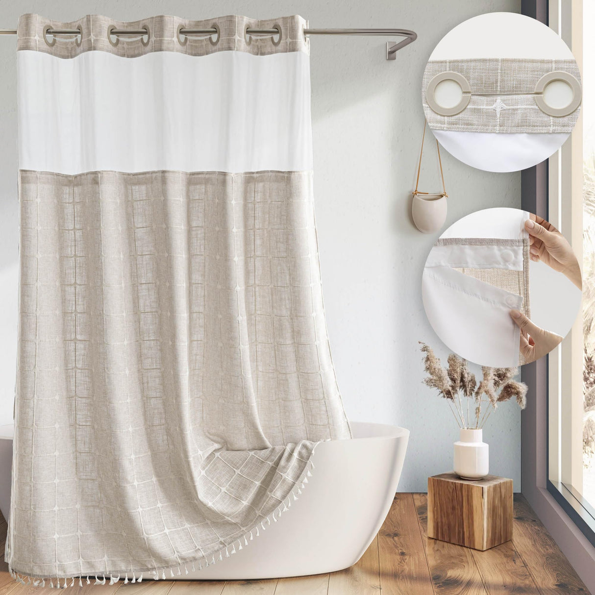 River Dream Farmhouse Linen Textured Shower Curtain with Snap-in Liner Set, No Hooks Needed, with Tassels for Rustic Bathroom Decor,with Window,with Magnets,Linen,71Wx74H River Dream