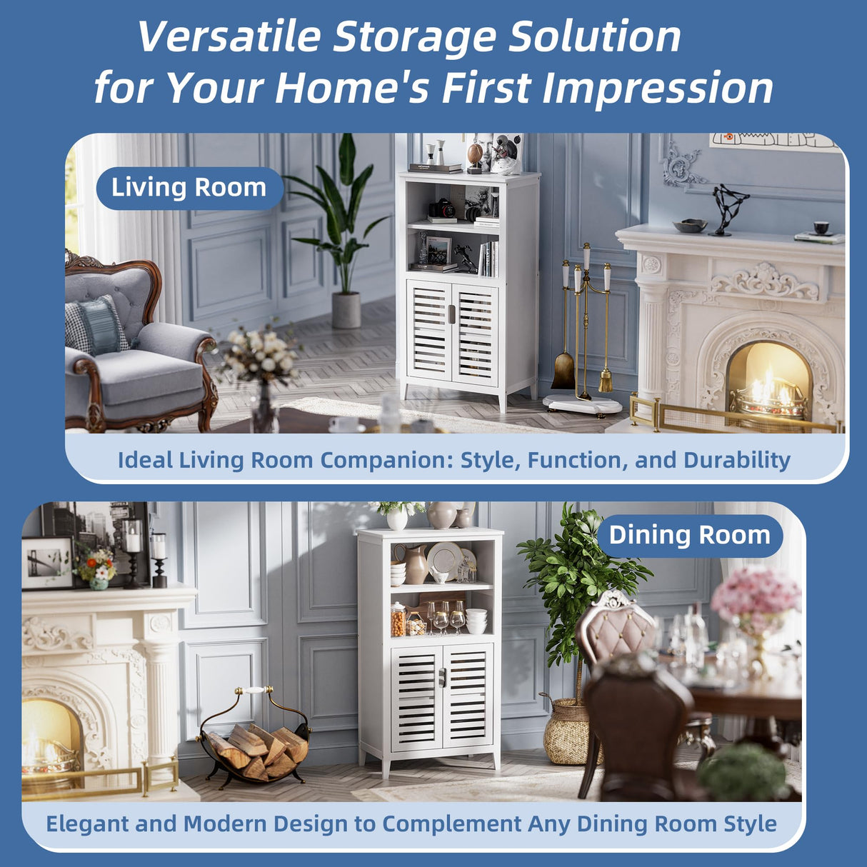 HITNET White Bathroom Cabinet, Bamboo Storage Cabinet Freestanding, Side Tall Storage Organizer for Kitchen Living Room Entryway HITNET