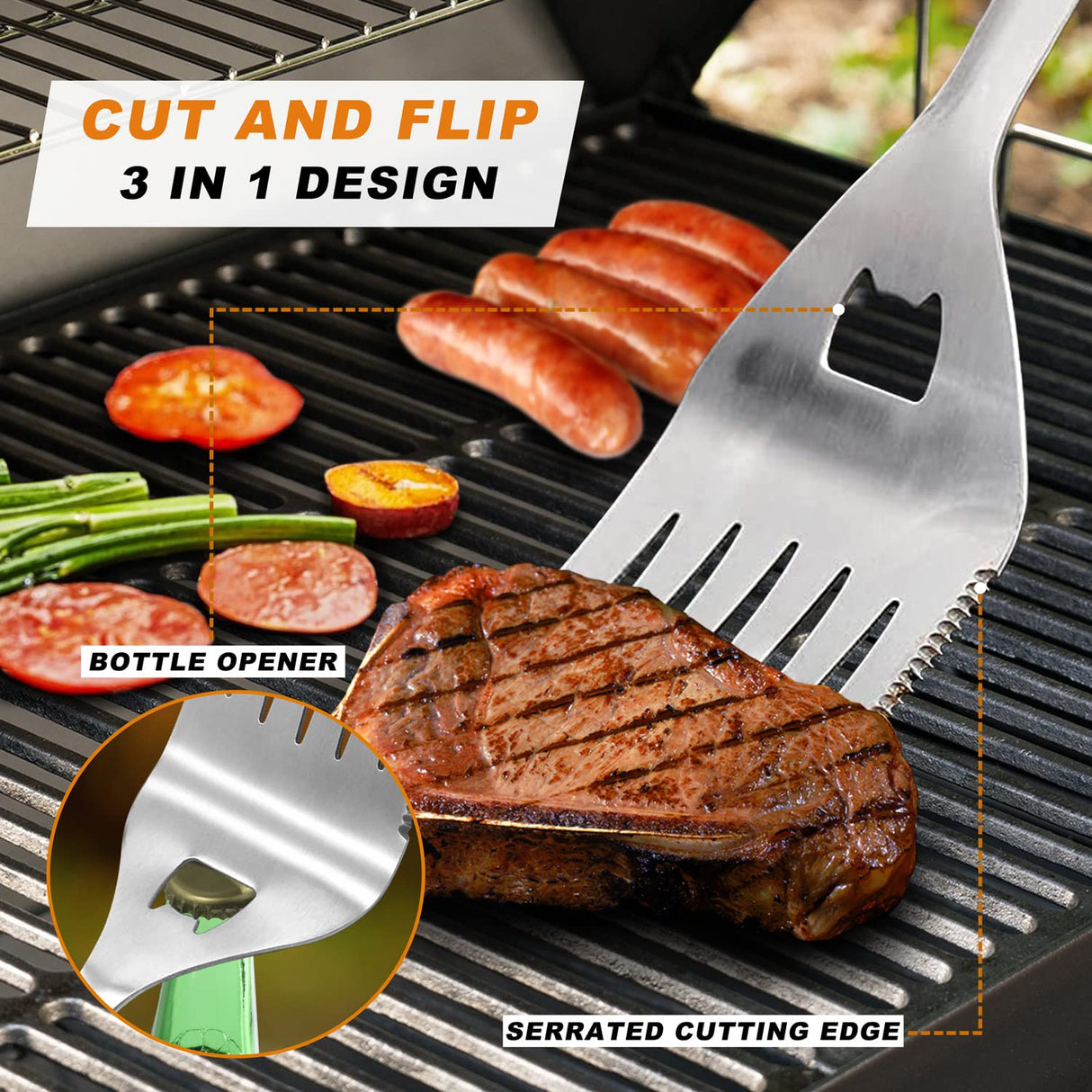 POLIGO 5PCS BBQ Grill Accessories for Outdoor Grill Set Stainless Steel Camping BBQ Tools Grilling Tools Set for Christmas Dads Birthday Presents, Grill Utensils Set Ideal Grilling Gifts for Men Dad POLIGO