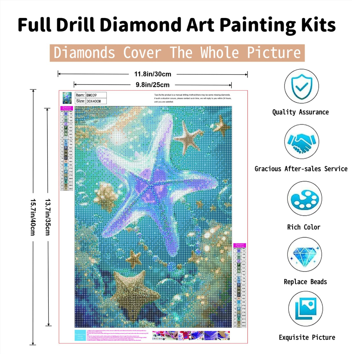 PINFFSHU 5D Diamond Painting Kits for Adults Starfish Diamond Art Kits DIY Full Round Drill Gem Art Crafts for Adults Sea Diamond Art Painting Underwater Pearls Home Wall Decor 12x16 Inch PINFFSHU