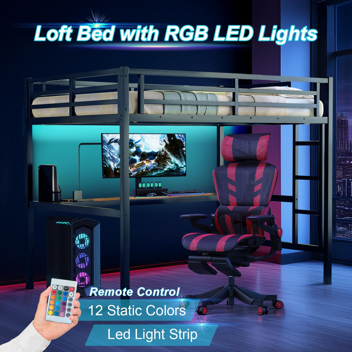 XUWANSHANG Loft Bed Twin XL Size with Desk, Metal Heavy Duty Loft Bed with LED Lights, USB Port, Twin XL Loft Bed Frames for Kids, Junior, Adults, Space Saving, Noise Free (Black, Twin XL) XUWANSHANG