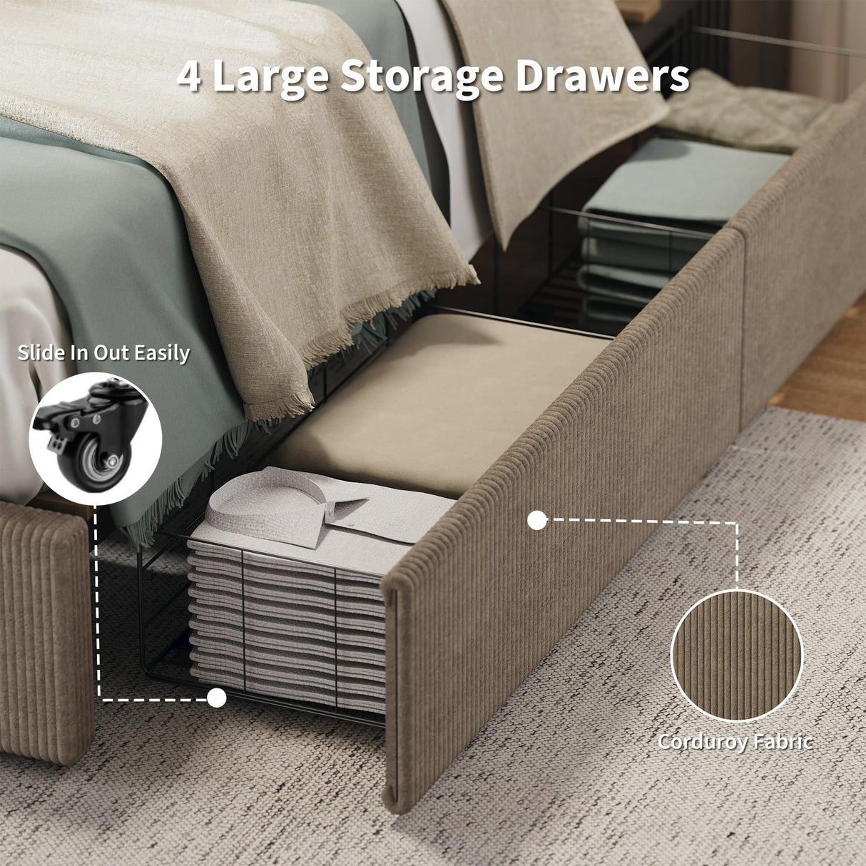 IDEALHOUSE Full Size Bed Frame with Tufted Wingback Headboard, Platform Corduroy Upholstered Bed Frame with 4 Storage Drawers and Wooden Slats Support, No Box Spring Needed, Brown IDEALHOUSE