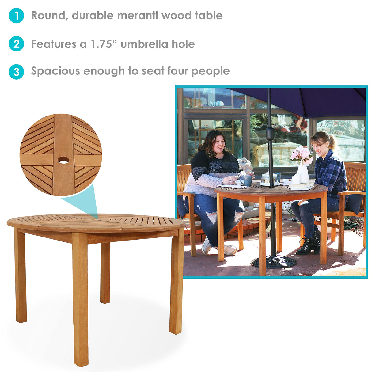 Sunnydaze Meranti Wood Round Outdoor Dining Table with Umbrella Hole - Teak Oil Finish - 42-Inch Sunnydaze
