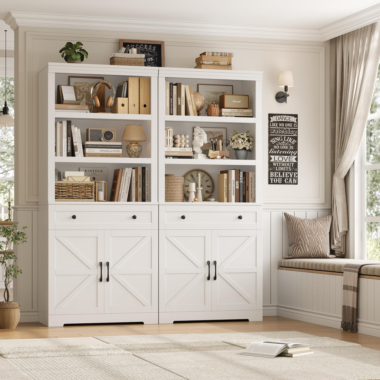 HOSTACK 72" Tall Book Shelf and Bookcase, 14" Deep Bookshelf with Drawer and Doors, Farmhouse Book Case with Storage, Wood Storage Cabinet with Display Shelves for Home Office, Living Room, White HOSTACK