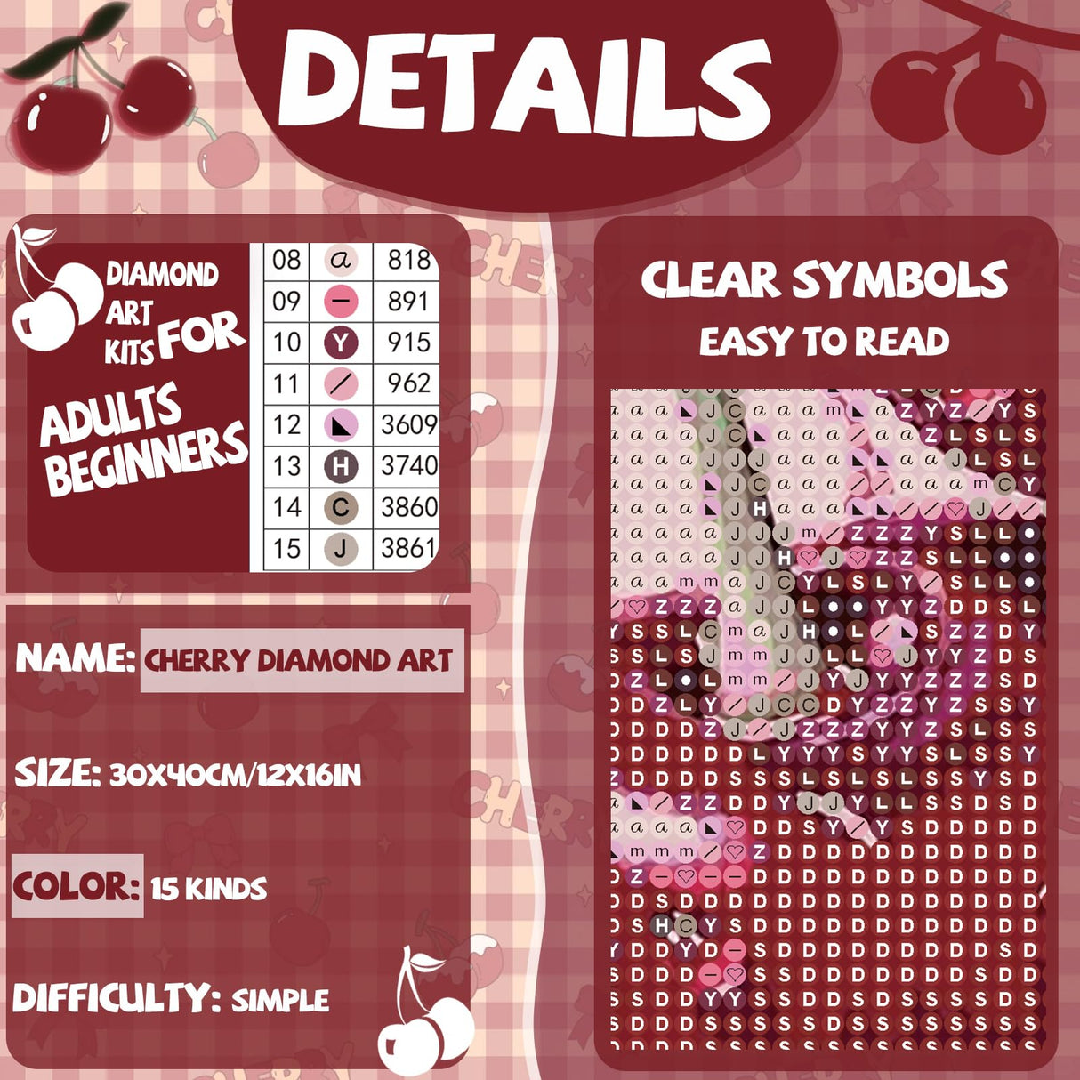 Gamteldot Cherry Diamond Art Kits for Adults Beginners,DIY Diamond Art 5D Full Drill Diamond Dots Diamond Painting with Complete Tools,Pefect Art Crafts for Home Wall Decor Gift-12x16in Gamteldot