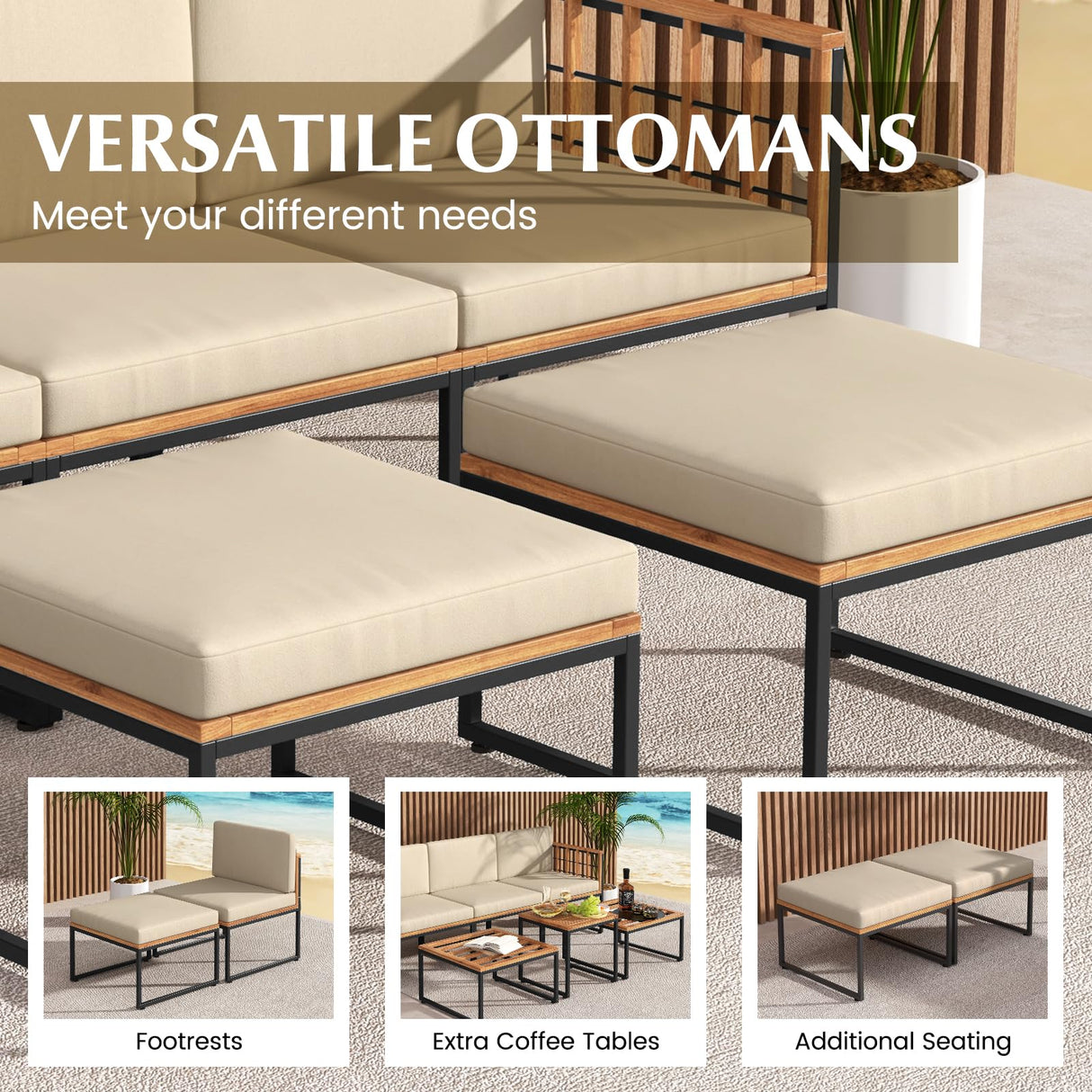 Tangkula 6 Pieces Acacia Wood Patio Furniture Set, Patiojoy Outdoor Sectional Conversation Sofa Set with Cushions, Coffee Table and Ottomans, Patio Seating Sofas for Garden, Poolside, Backyard (Beige) Tangkula