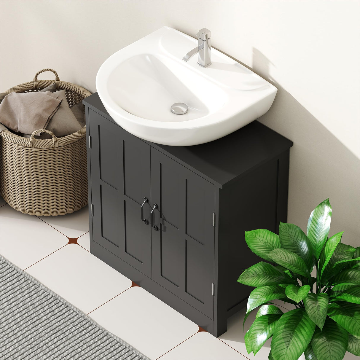 kleankin Pedestal Sink Storage Cabinet, Under Sink Cabinet with 2 Doors and Adjustable Shelf, Bathroom Vanity with U-Shape Cut-Out, Black kleankin