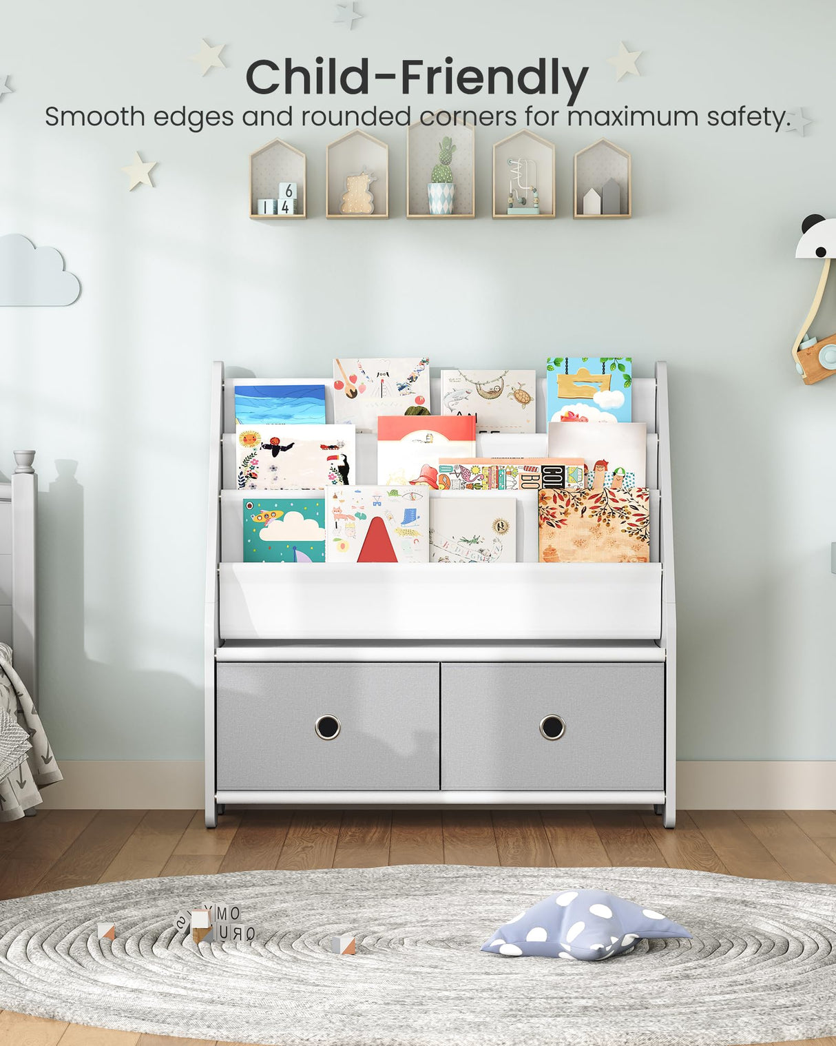 CHOEZON Kids Bookshelf and Toy Storage, 4 Tier Large Capacity Kids Book Rack, Sling Kid Bookcase, for Kids Room, Nursery, Playroom, White and Gray MCW06WT CHOEZON