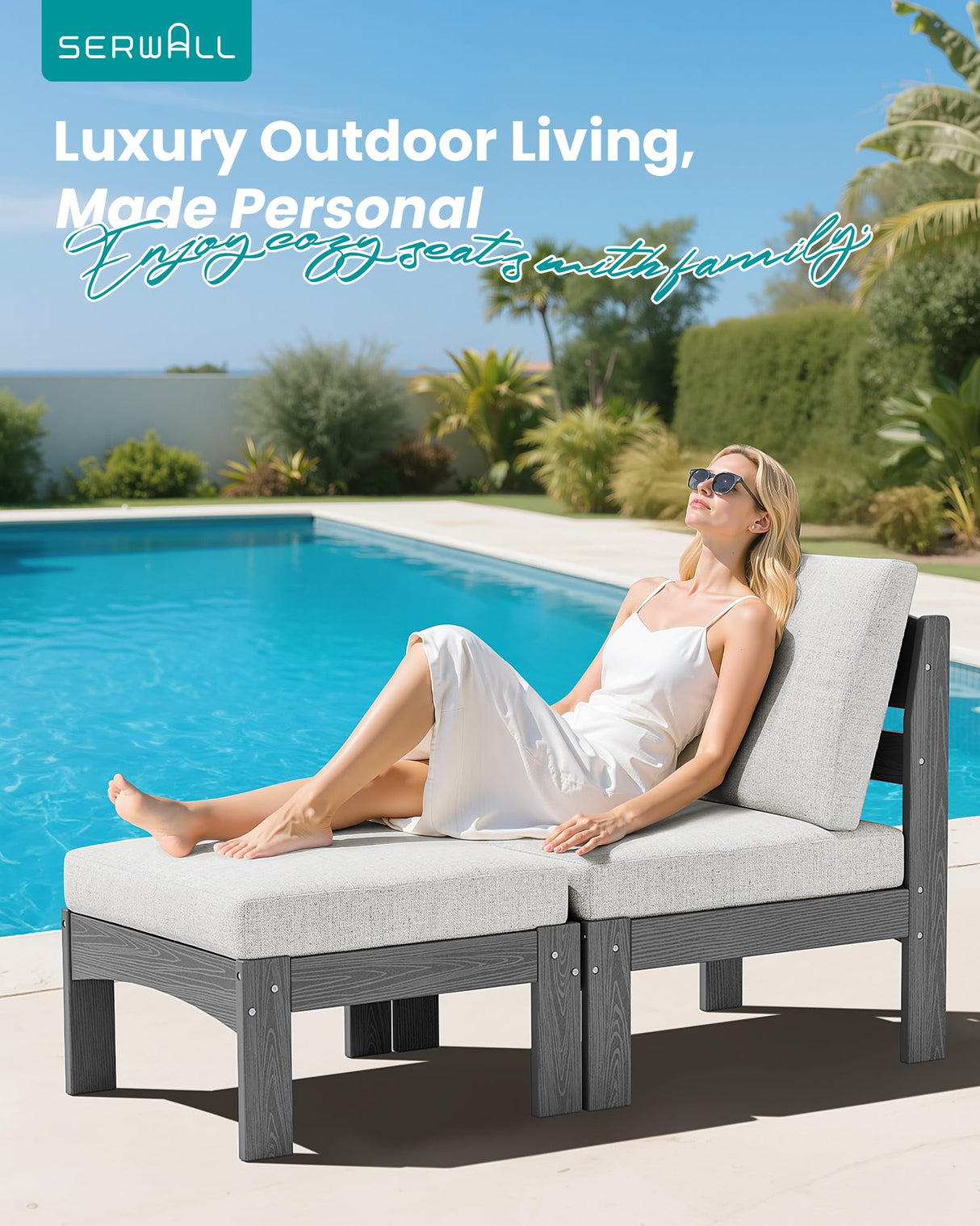 SERWALL 2 Pieces Patio Sofas, HDPE Outdoor Conversation Set with Cushions and Ottoman, Modular Sectional Patio Furniture for Backyard, Deck, Garden, Poolside, Grey Frame with Khaki Cushion SERWALL