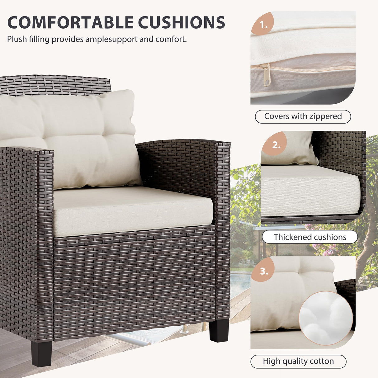 Vongrasig 3 Piece Patio Furniture Set Small Outdoor Wicker Rattan Front Porch Bistro Set Cushioned Patio Chairs Conversation Set with Glass Table for Lawn, Garden, Backyard, Balcony, Poolside (Beige) Vongrasig