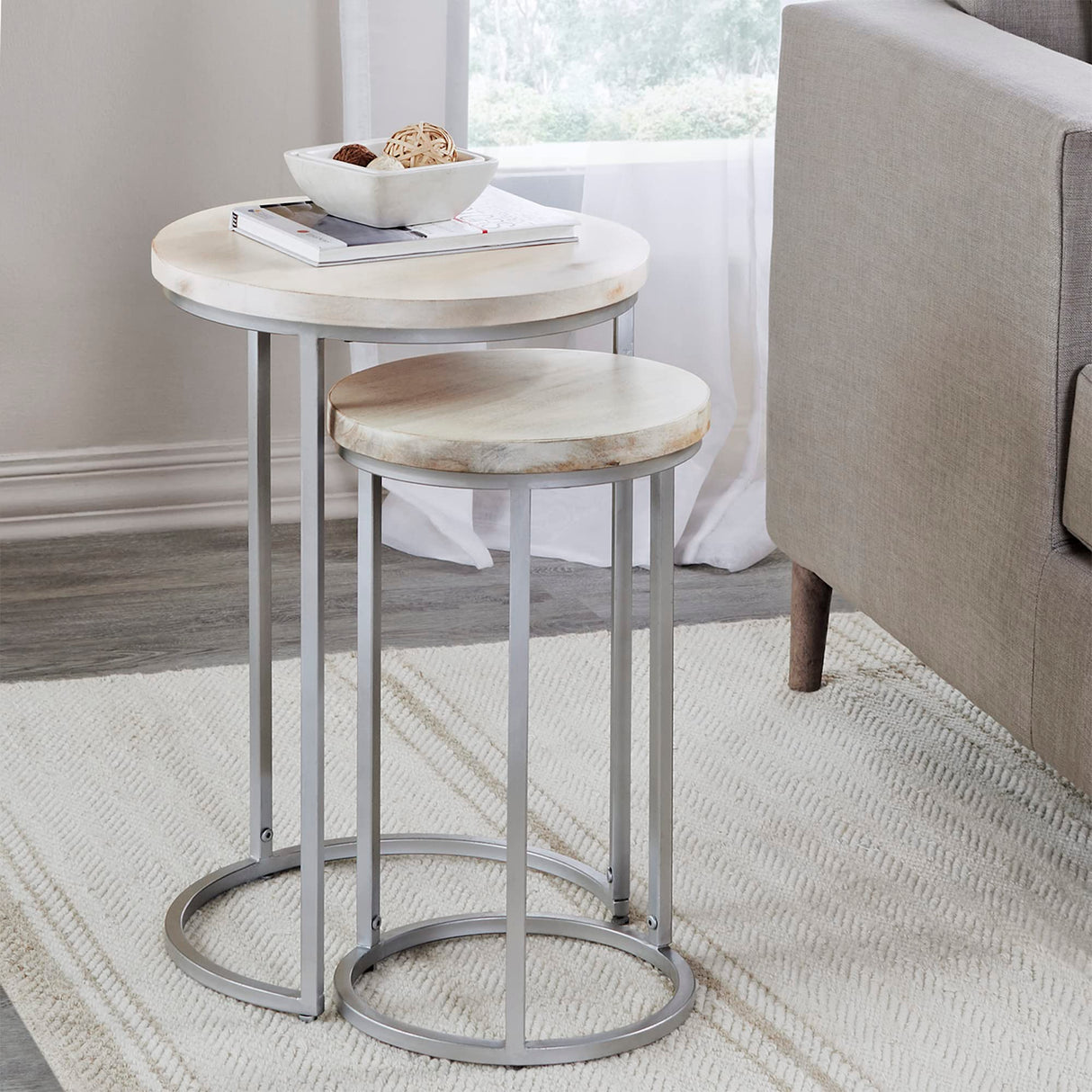 FirsTime & Co. Natural and Silver Isla Nesting End Table 2-Piece Set, Side Table, Night Stand, Acacia Wood and Metal, 16 x 16 x 24 inches FirsTime & Co.