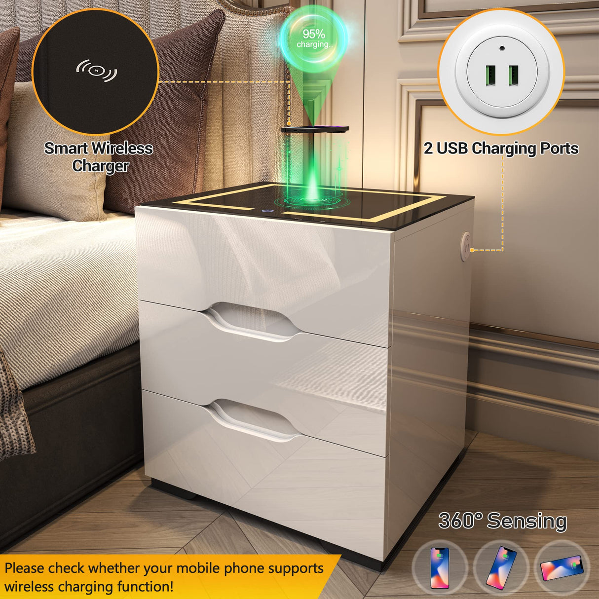 kepptory White Smart Nightstand with Wireless Charging Station & Adjustable LED Lights, High Gloss End Table with 3 Drawers & USB Charging, Bedside Table Organizer for Bedroom Use kepptory