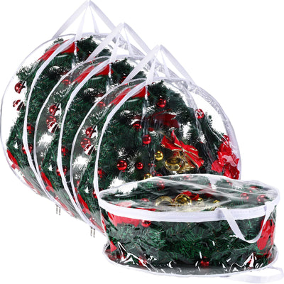 Shappy 4 Pieces Clear Christmas Wreath Storage Container 24 Inches Xmas Wreath Storage Bag Plastic Christmas Garland Container with Dual Zippers and Reinforced Handles for Xmas Seasonal (Clear)