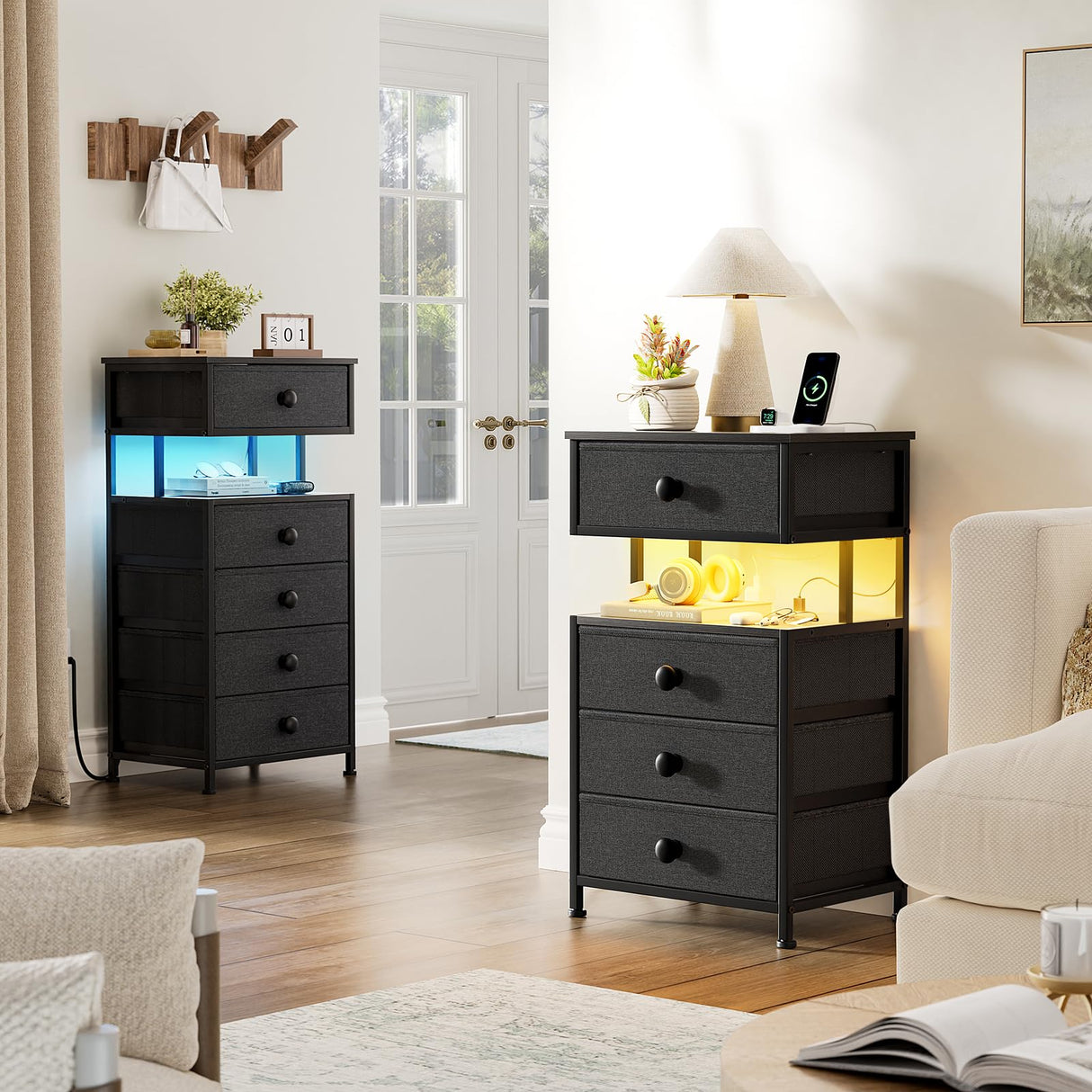 REAHOME Night Stand with Charging Station and LED Light, 4 Fabric Drawers Black Bedside Table with Open Shelf, Modern End Table with Wooden Top for Bedroom, Living Room, Hallway - Black Gery REAHOME