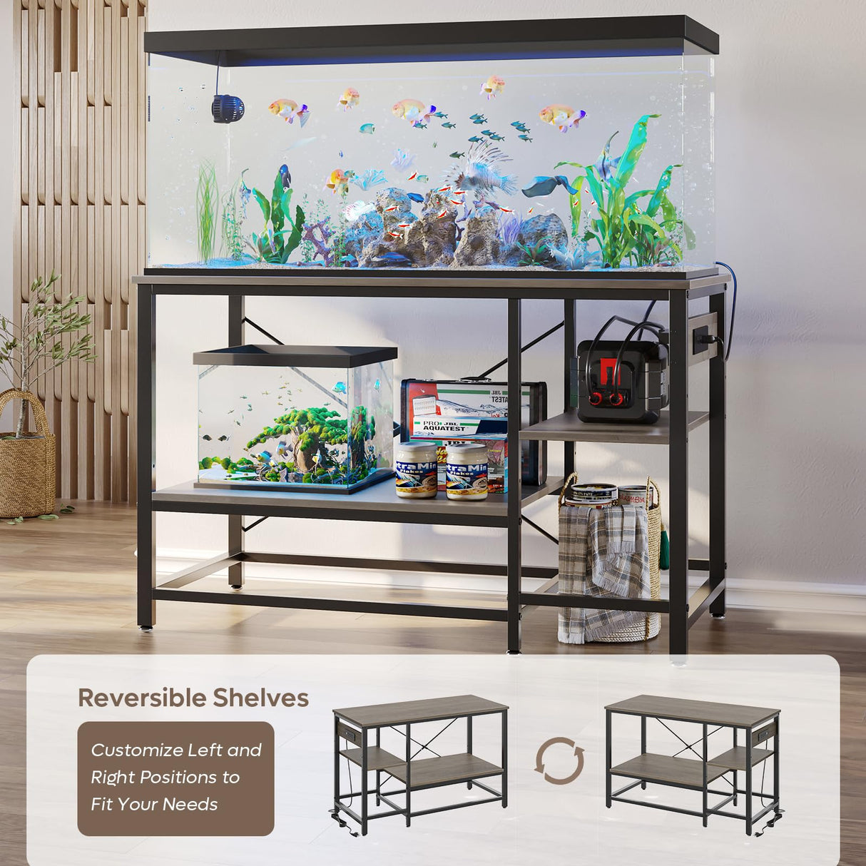 Becuddler 55 Gallon Fish Tank Stand with Charging Station, 49.2x13.8 Metal Aquarium Stand with 3-Tiers Adjustable Storage Shelves, 6-Legs Reptile Terrarium Stand, 700 LBs Becuddler