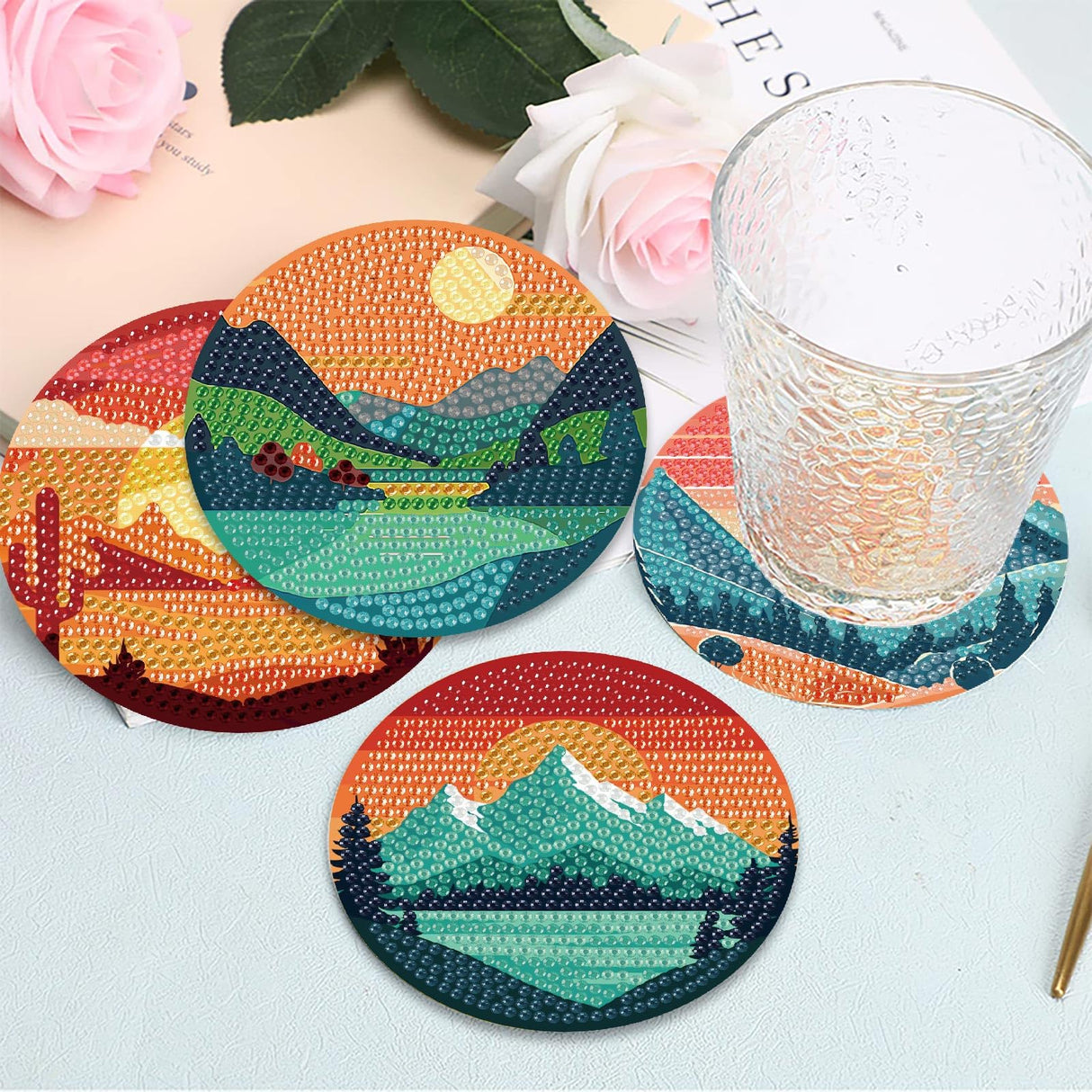 Clendo 8 Pcs Landscape Diamond Art Coasters Kit with Holder, Sunset Small Diamond Art Kits for Adults Beginners, Diamond Painting Coasters Arts and Crafts for Adults Supplies Item Sets Clendo
