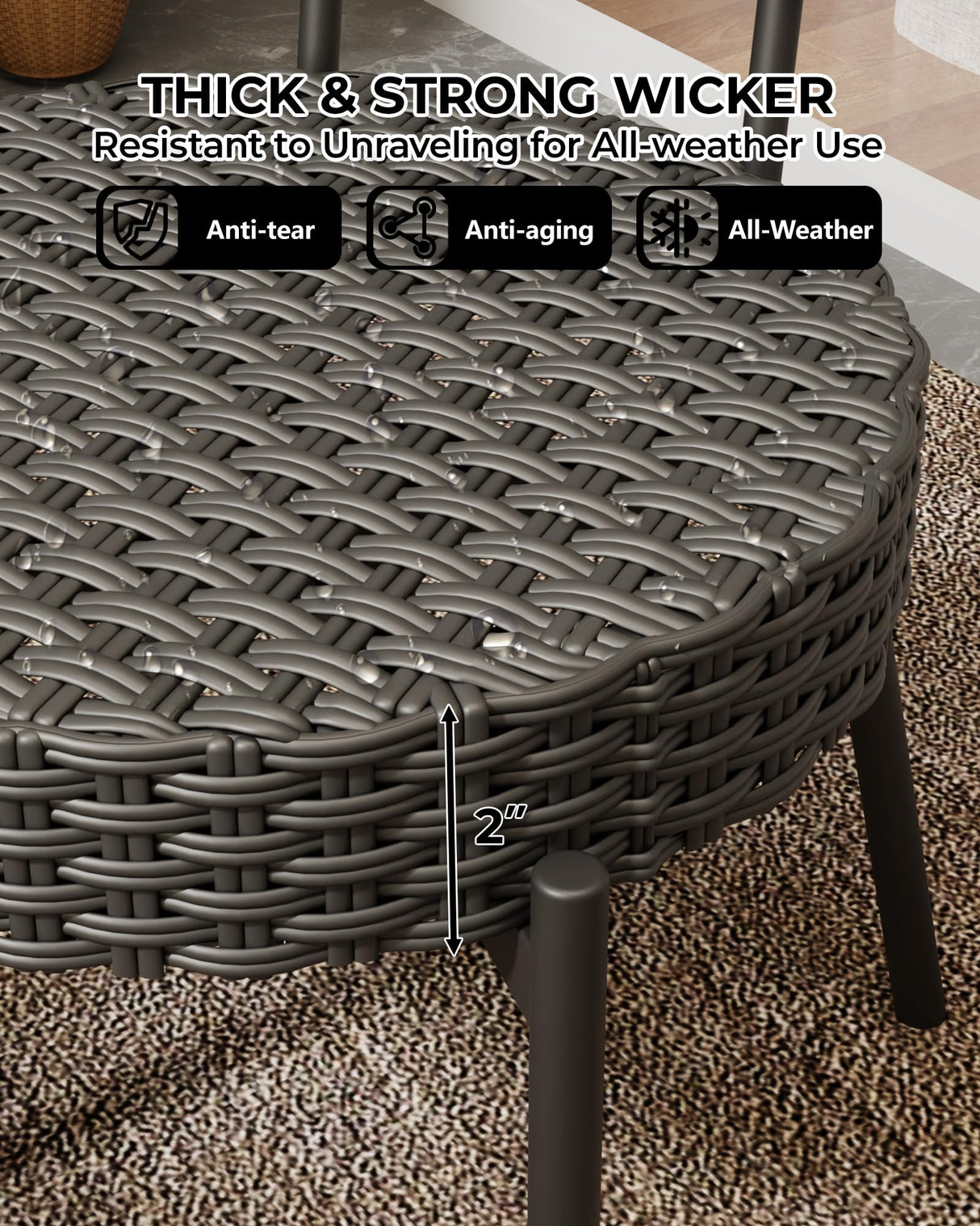 GarveeLife 3 Piece Wicker Patio Bistro Furniture Set, Outdoor Dining Chairs, Includes 2 Rattan Chairs and Tempered Glass Table, for Garden, Backyard, Balcony, Apartment, Black & Grey GarveeLife