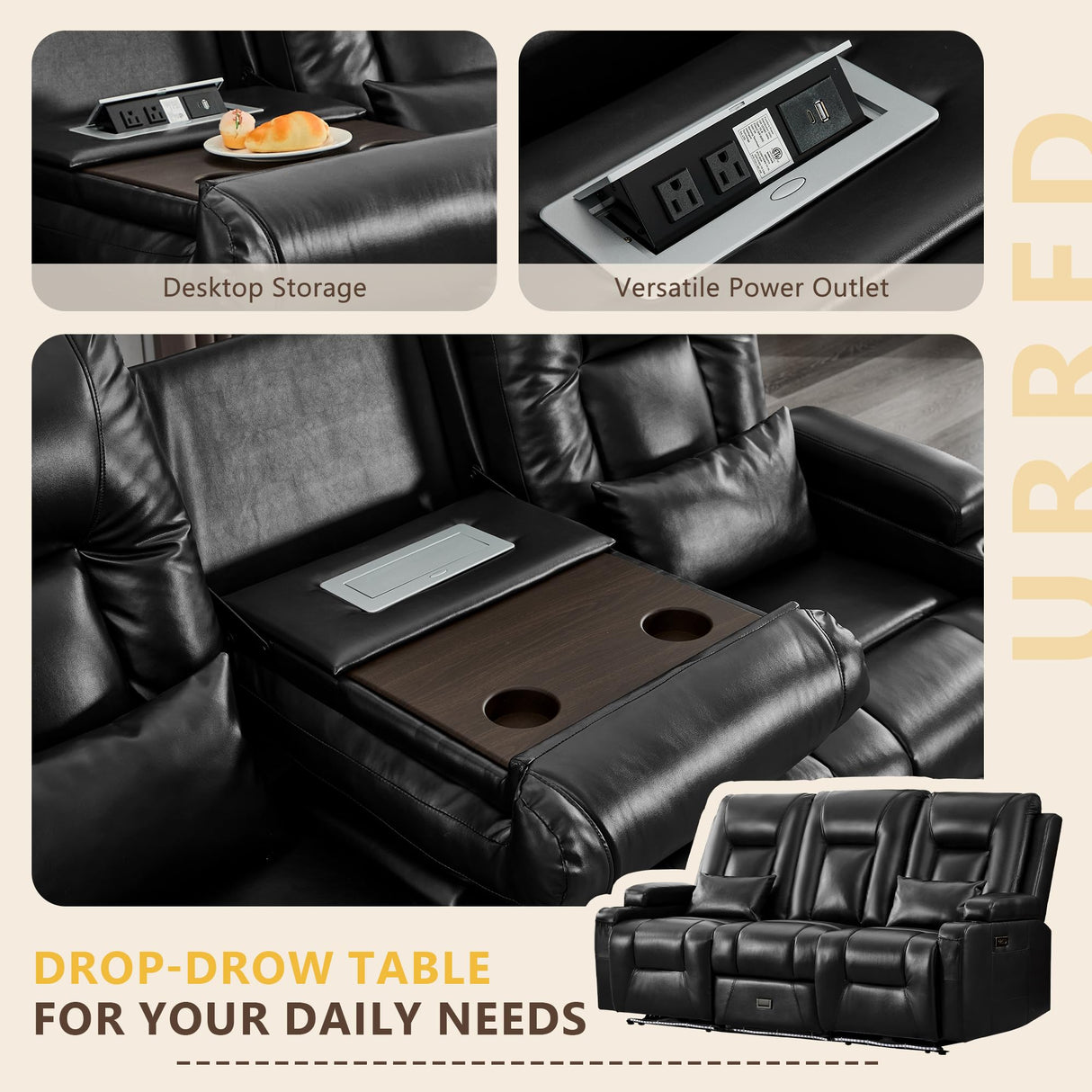 URRED Wall Hugger Power Recliner Sofa, RV Double Reclining 3-Seater Couch for Living Room with LED Lights, USB Ports, Cup Holders and Side Pockets, Outlets, Drawer, Faux Leather – Black URRED
