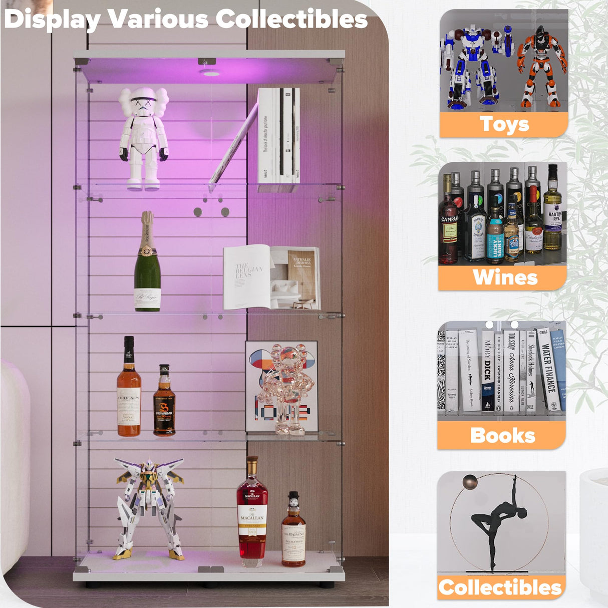 lunhung Glass Display Cabinet 4-Shelf with LED Lights and Lock,2 Doors Curio Cabinets Display Case Storage Cabinet,Glass Floor Standing Bookshelf for Living Room 32" W x 14" D x 64" H (White) lunhung