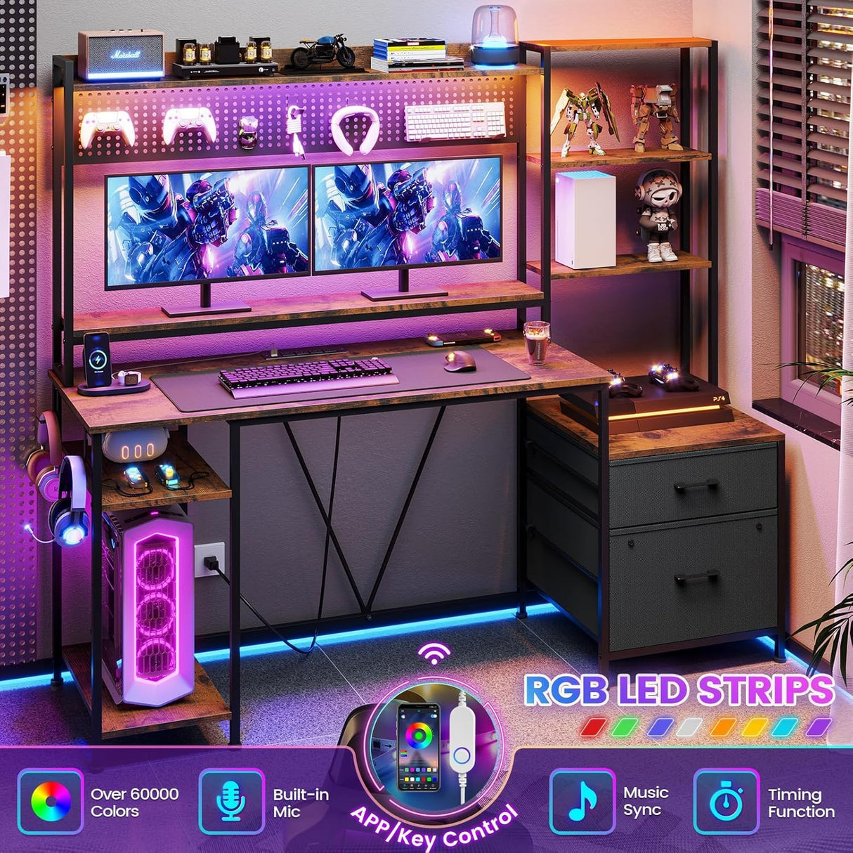 UPOSOJA Gaming Desk with Hutch, 65in Reversible Computer Desk with Power Outlets LED Light, Home Office Desk with Monitor Stand 2 Drawers 4 Storage Shelves Pegboard 8 Hooks Mouse Pad (Brown) UPOSOJA