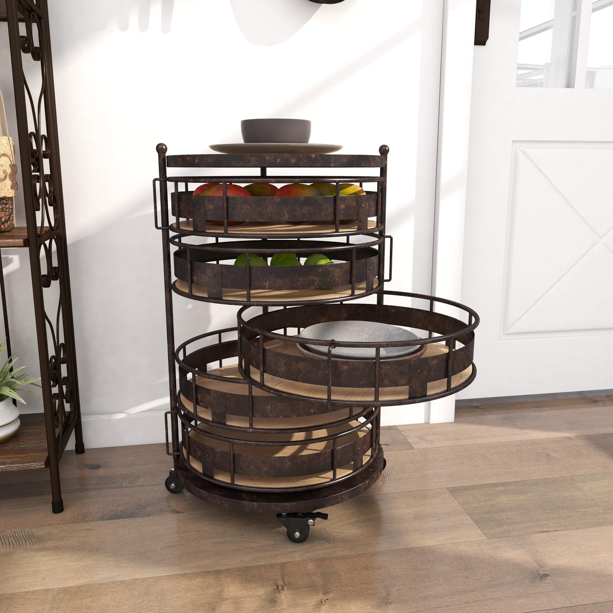 Deco 79 Metal Kitchen Storage Cart Rolling Circular 6 Shelf with Adjustable Shelves, 17" x 17" x 28", Brown Deco 79