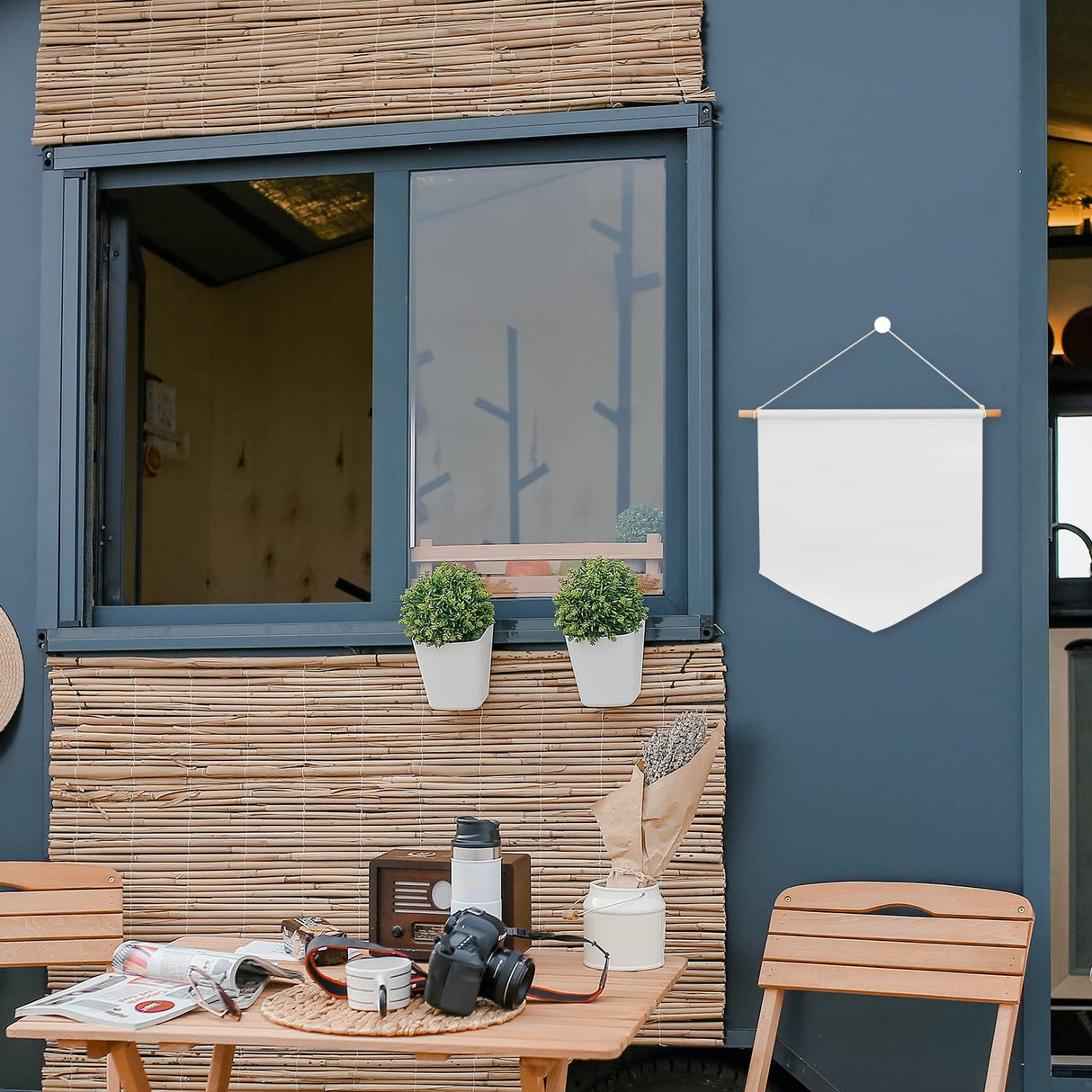 SOUJAP 6 Pcs Blank Canvas Banners, 13 x 13.7 Inch Pin Wall Display Banners with Wooden Dowel and rope, White Canvas Banners Flags for Decorating, DIY SOUJAP