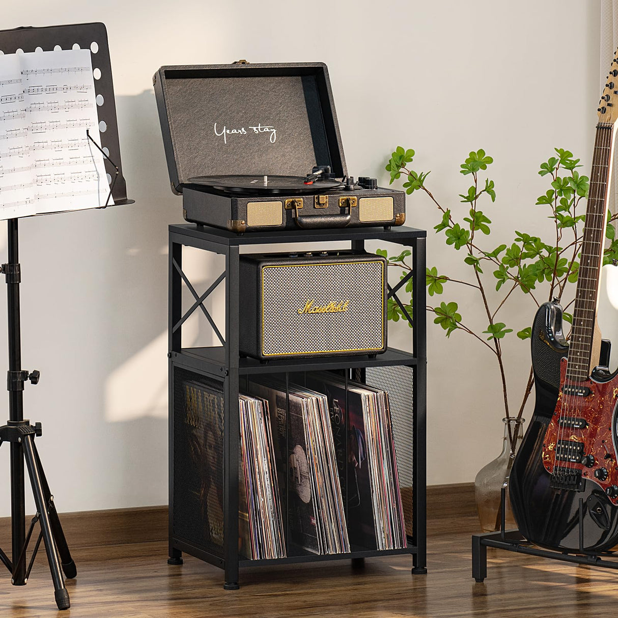 LELELINKY 3 Tier End Table, Side Table with Display Shelf, Black Vinyl Record Player Stand with Albums Storage, Industrial Sofa Bedside Table Night Stand for Living Room Bedroom Small Spaces LELELINKY