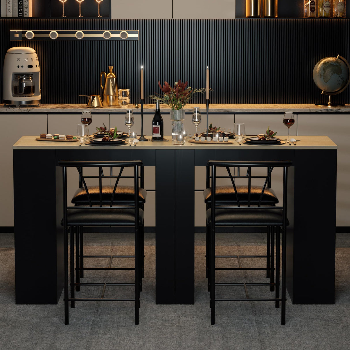 VECELO Small Bar Table and Chairs Tall Kitchen Breakfast Nook with Stools/Dining Set for 2, Storage Shelves, Space-Saving, Gray VECELO