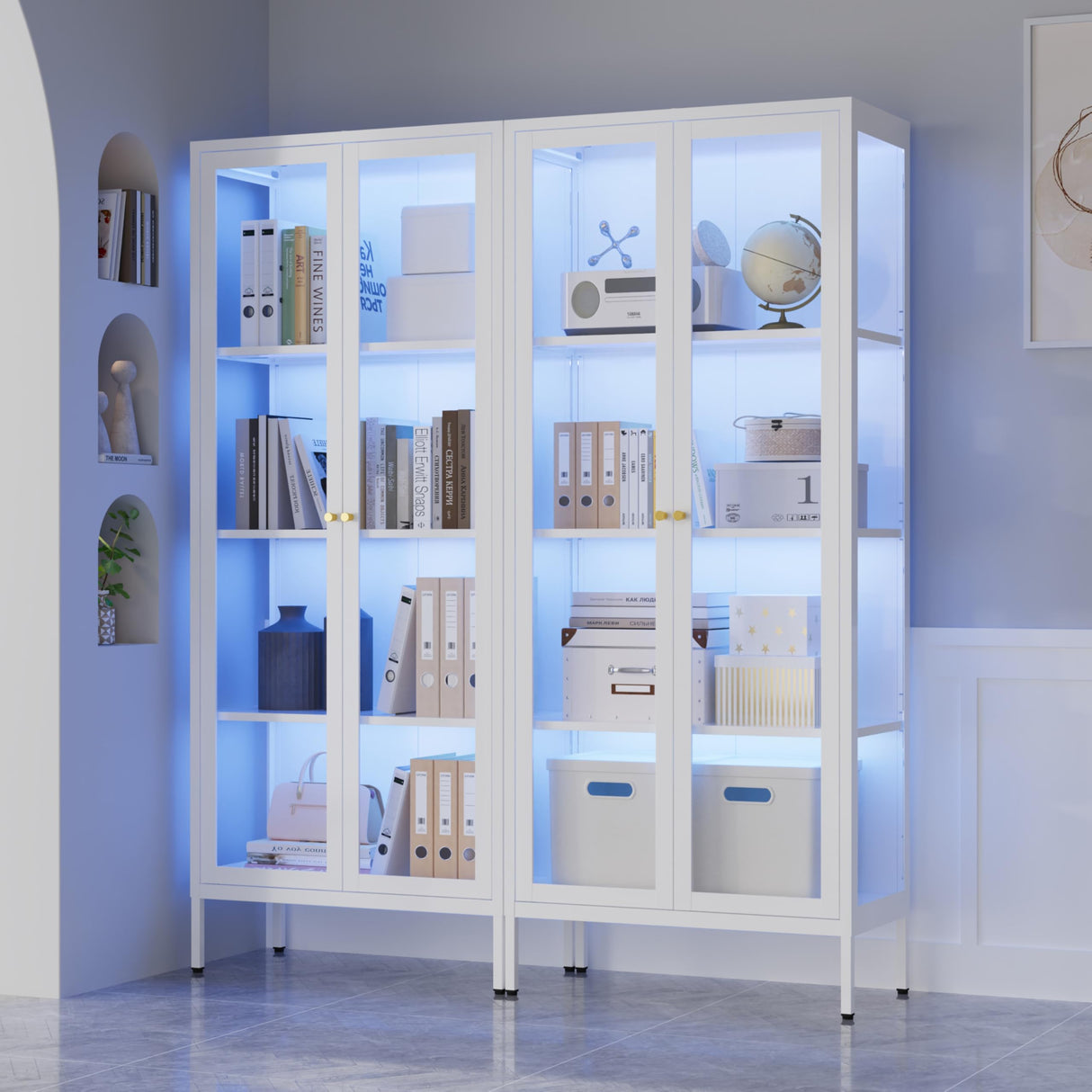 Glass Display Cabinet with LED Lights, White Curio Glass Showcase, 66" Tall Metal Storage Cabinet with Doors and Adjustable Shelves, 3 Color Lighted Display Case for Living Room, Hallway, Pantry MetalMax