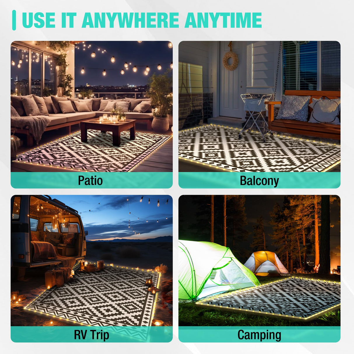 HAUSHOF 5'X8' Outdoor Rug Waterproof with LED Strip Light, Reversible Outdoor Plastic Straw Rug, Patio Rug with 4 Rug Stakes, Outdoor Carpet Mat for RV, Camping, Beach, Porch, Balcony, Black&White HAUSHOF