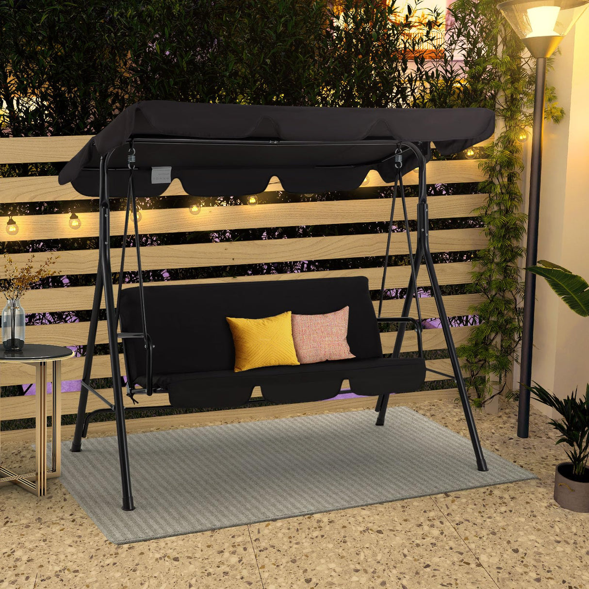 Esright Patio Swings Outdoor, 2-Seat Glider Porch Bench with Removable Cushion and Adjustable Shade, Swing Chairs for Garden, Poolside&Backyard, Black Esright