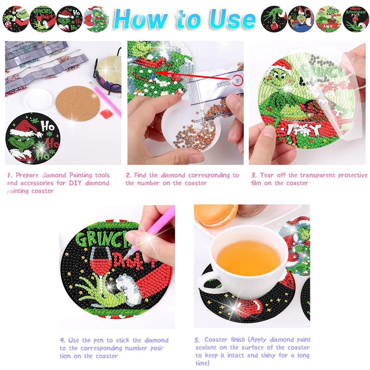 Clendo 8 Pcs Christmas Diamond Painting Coasters Kits with Holder,DIY Diamond Art Coaster Kits for Adults & Kids,Paint with Diamonds Coasters Craft Supplies for Holiday Decor Gifts Clendo