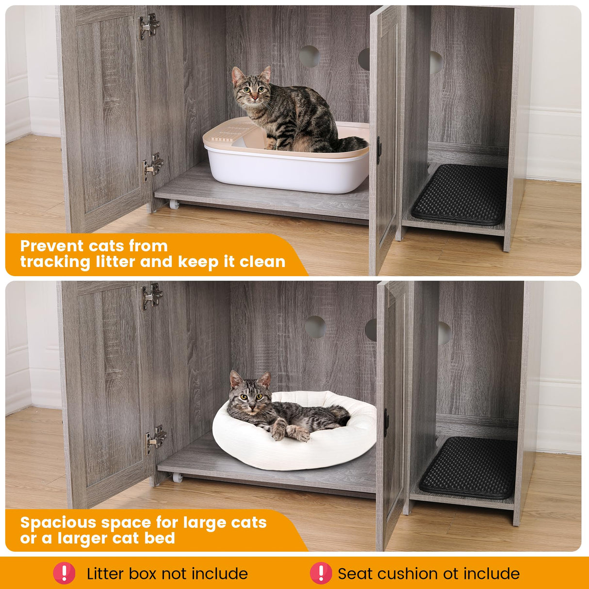 STMHOM 60 Inch Tall Cat Litter Box Enclosure Furniture with Shelves, Hidden Cat Litter Box Furniture 32" x 19" x 60", Wooden Litter Box Cabinet with Sockets and Pull Out Tray, Grey STMHOM