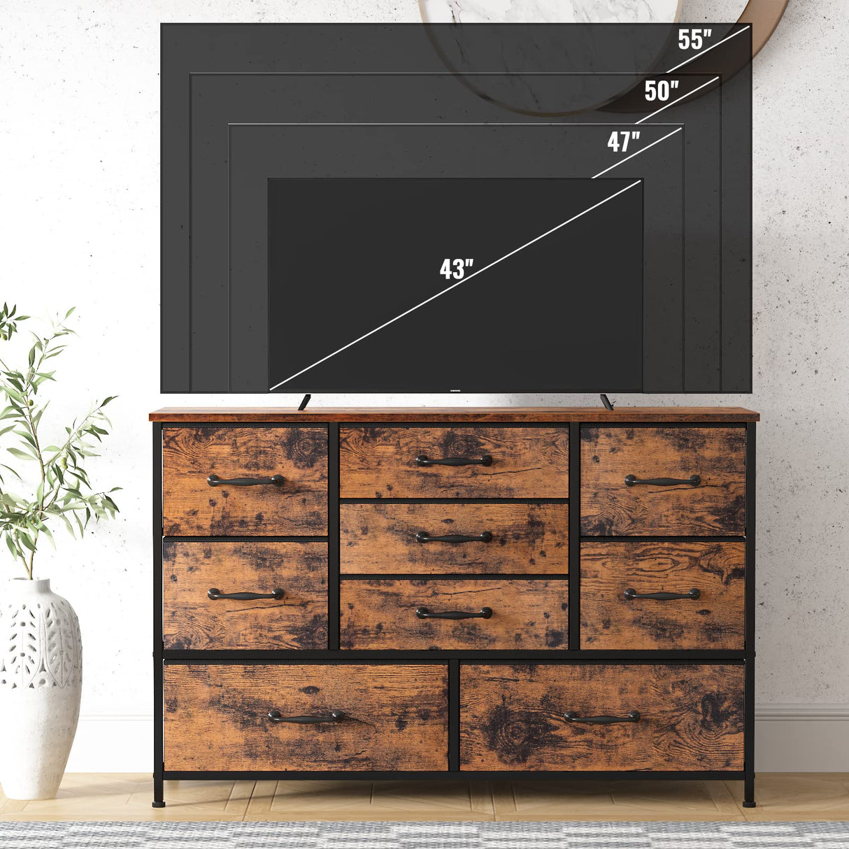 Furnulem Wide Dresser with 9 Large Drawers for 55'' Long TV Stand Entertainment Center,Wood Shelf Storage for Bedroom,Living Room,Closet,Entryway,Sturdy Metal Frame (Rustic Brown Furnulem