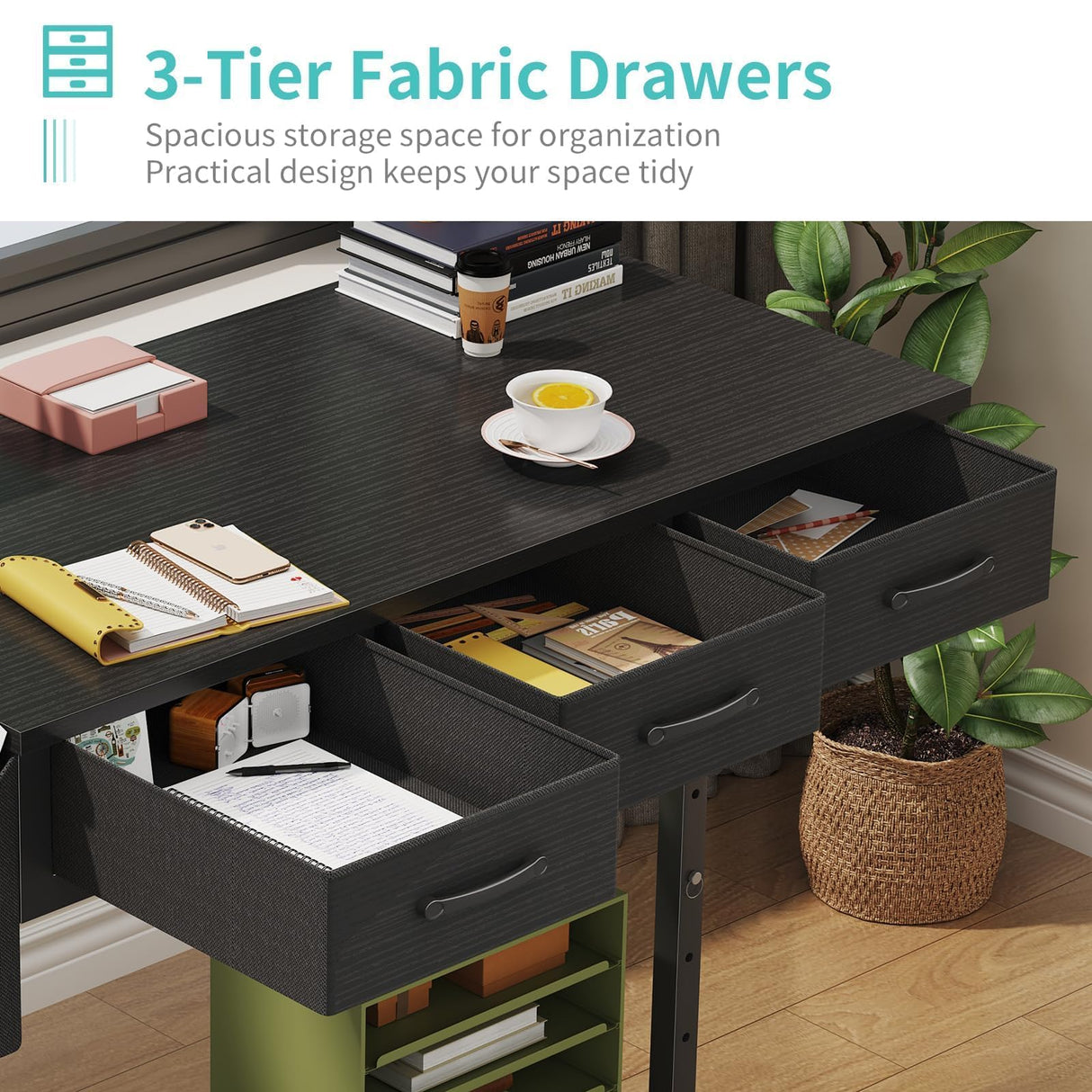 Rolling Standing Desk Adjustable Height with Drawers, 40 Inch Mobile Stand Up Portable Desks on Wheels for Bedroom Home Office, Couch Sofa Side Laptop Table with Storage, Black WINAZ